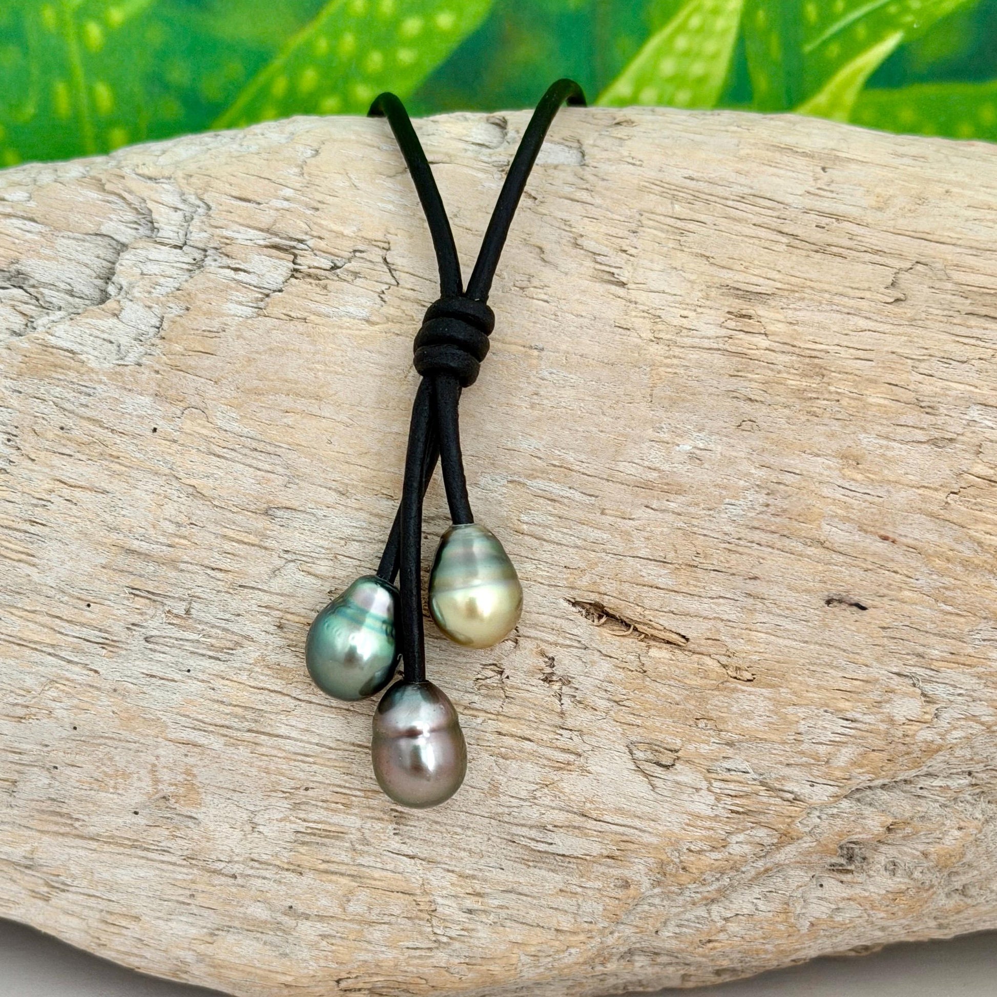 Tahitian Pearl Cluster Necklace: Leather Cord • Golden Green Pink