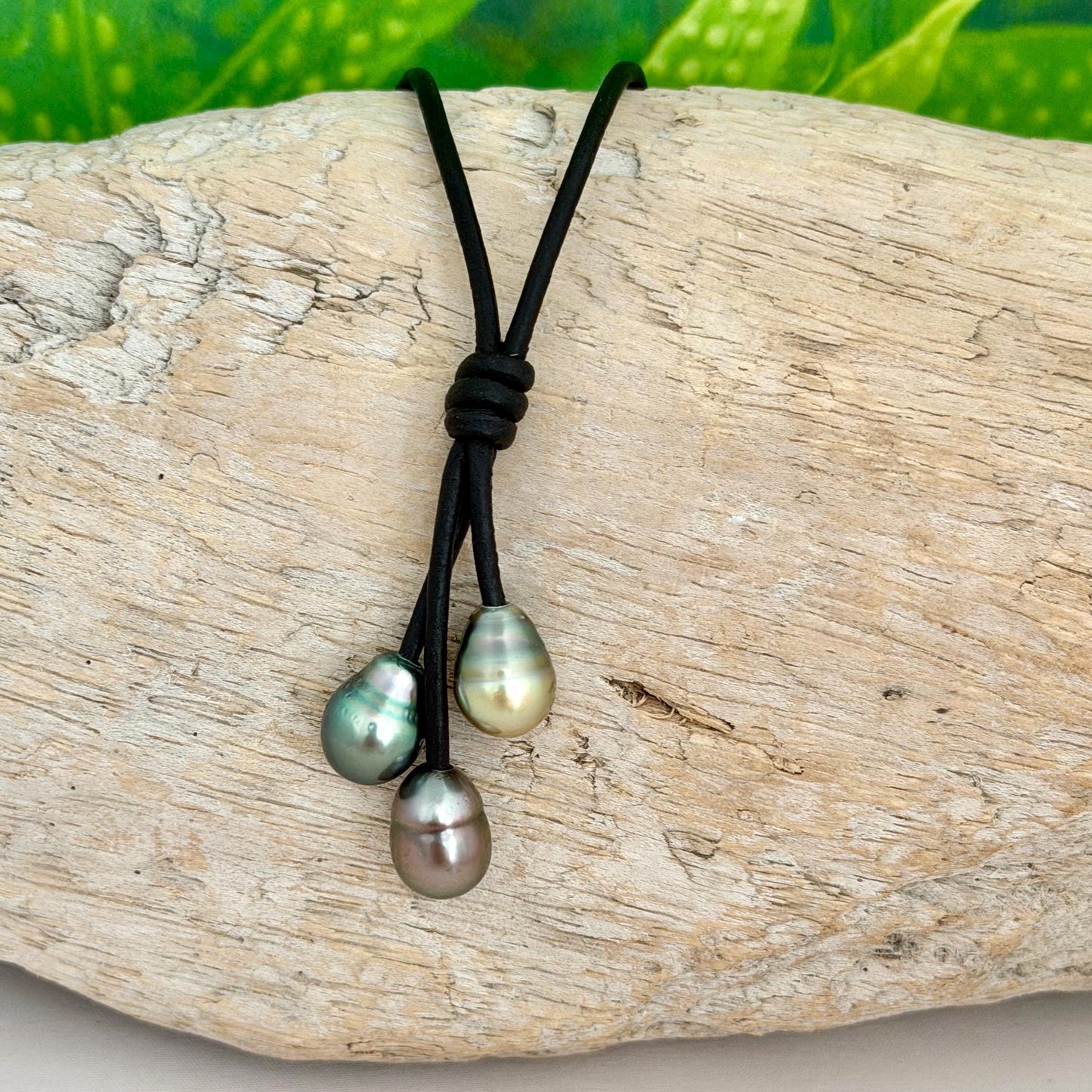 Tahitian Pearl Cluster Necklace: Leather Cord • Golden Green Pink