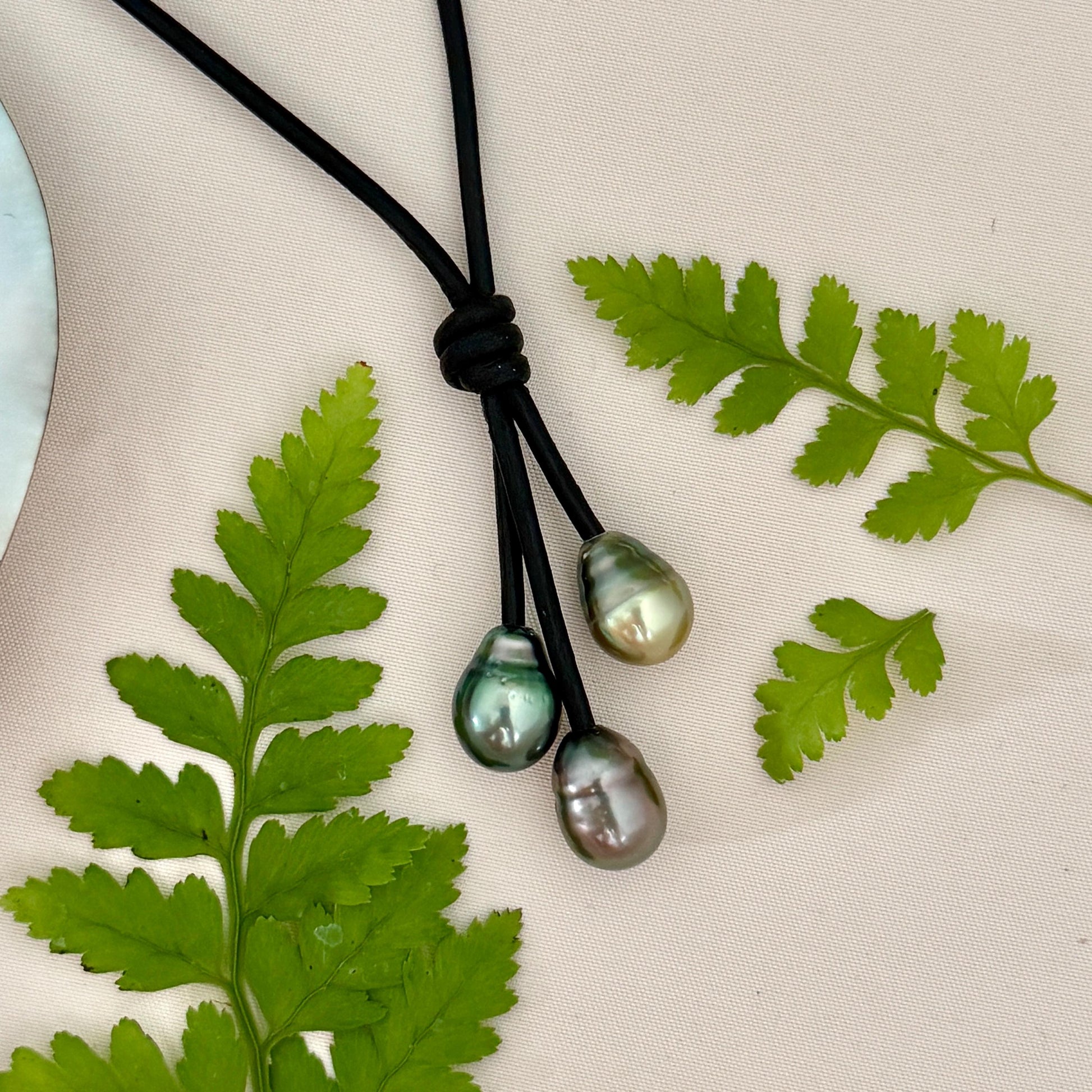 Tahitian Pearl Cluster Necklace: Leather Cord • Golden Green Pink