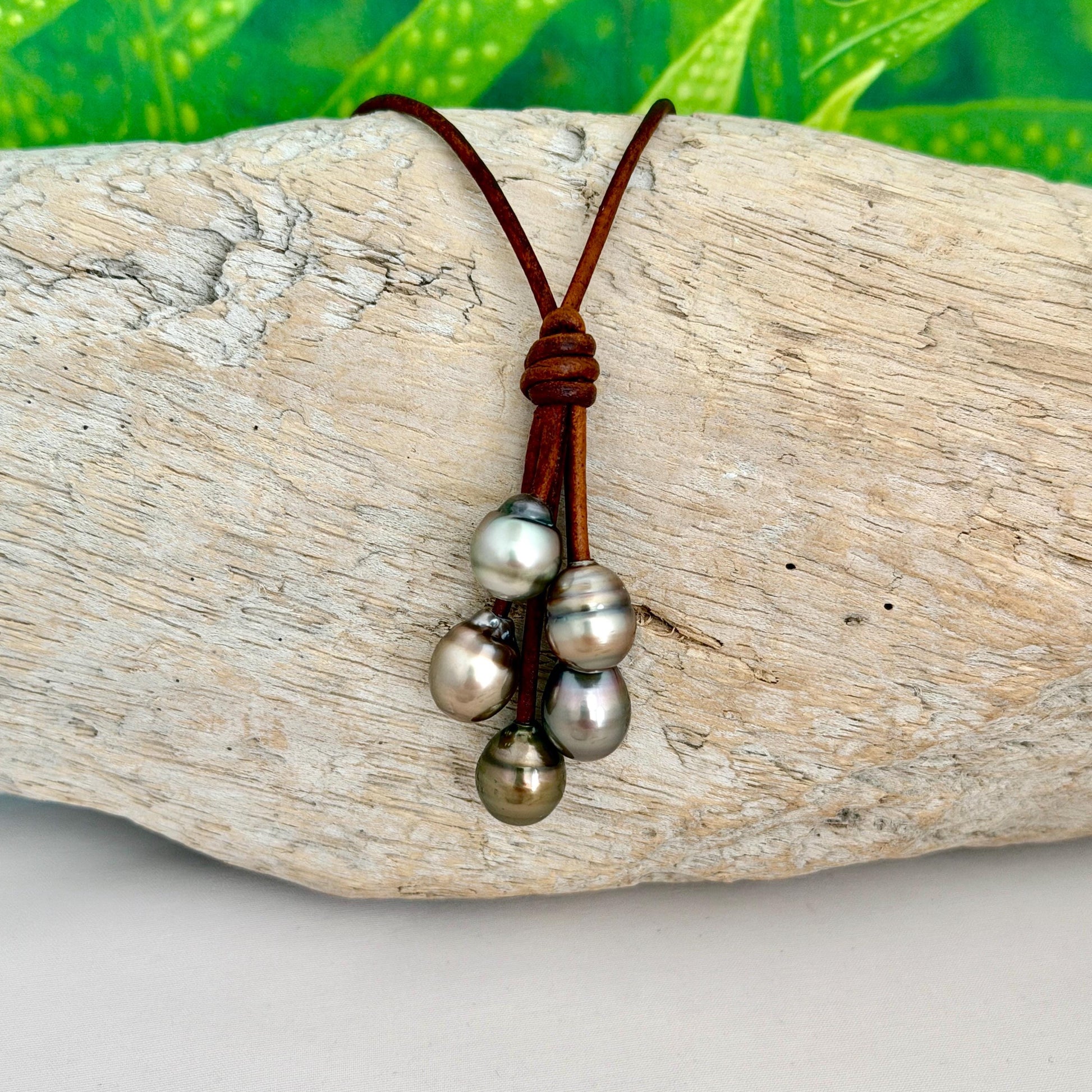 Tahitian Pearl Leather Necklace • Brown full grain • Natural CHOCOLATE color