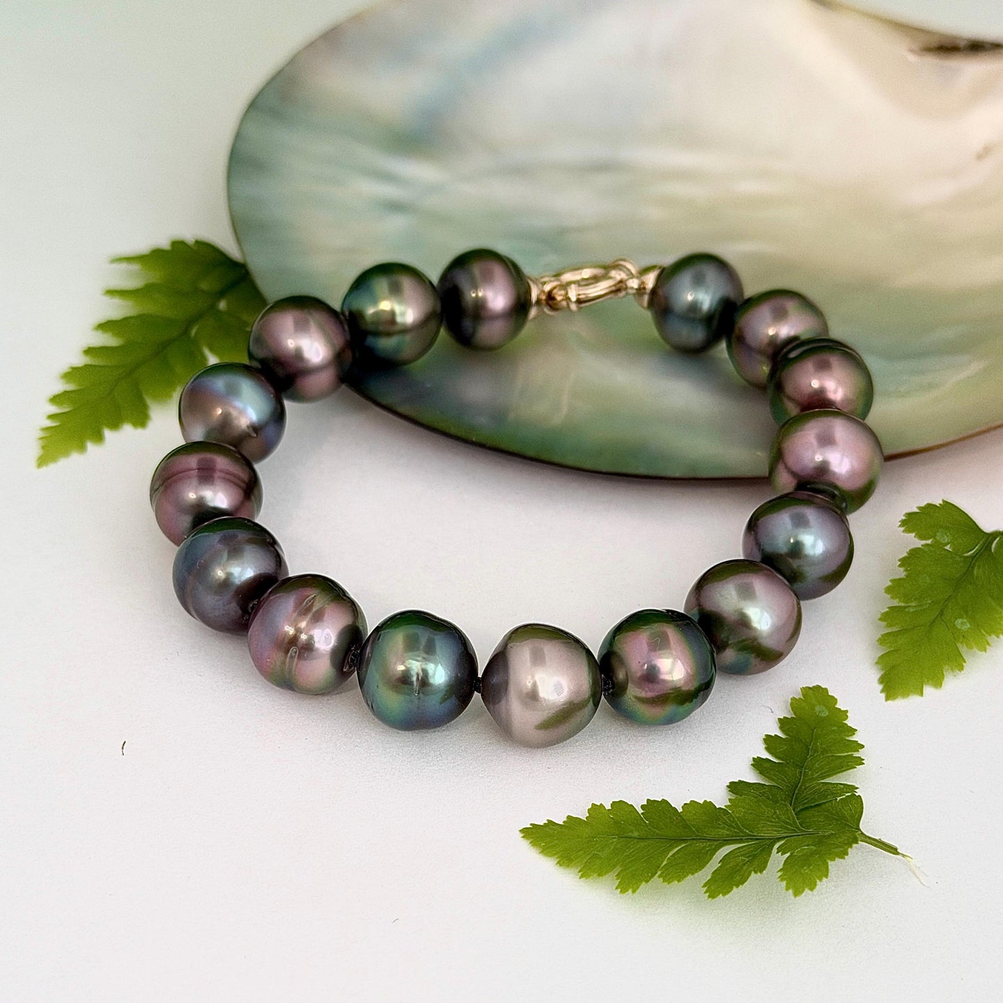 Tahitian Pearl Bracelet • gold vermeil clasp • PEACOCK colors • multicolor strand