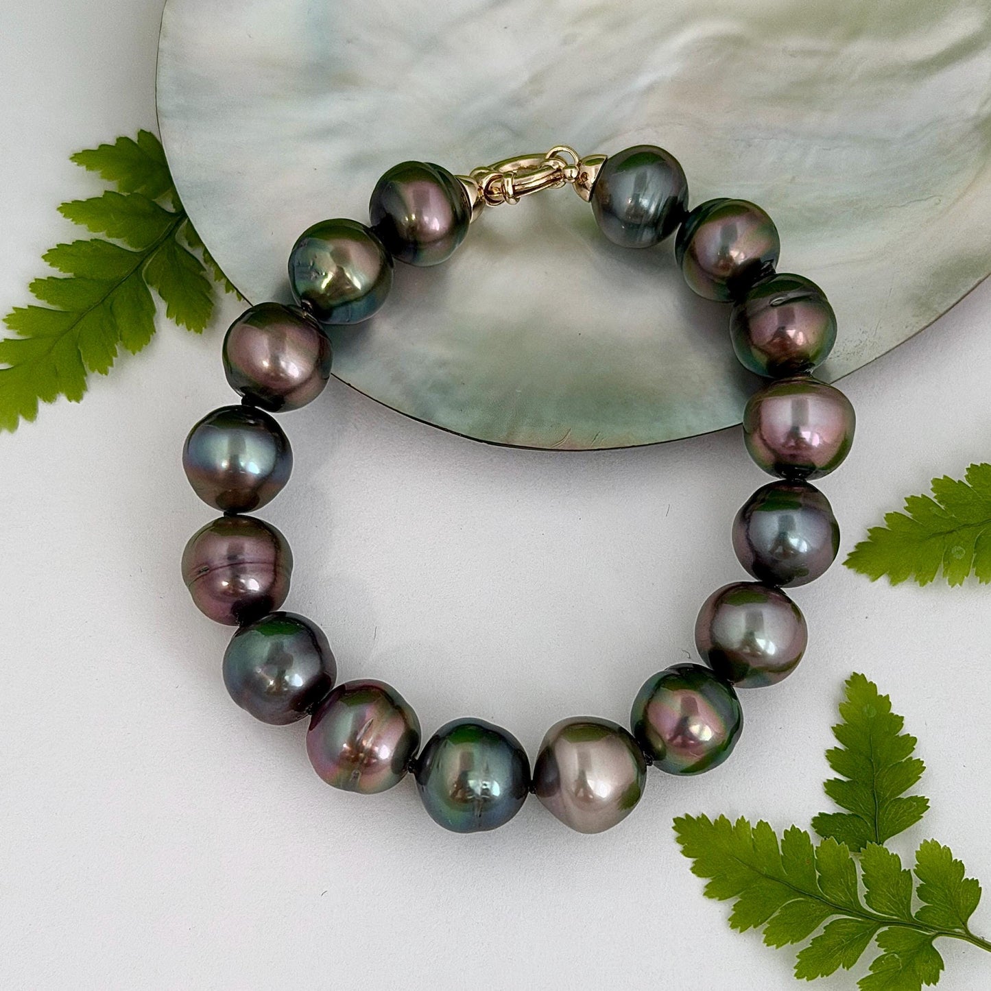 Tahitian Pearl Bracelet • gold vermeil clasp • PEACOCK colors • multicolor strand