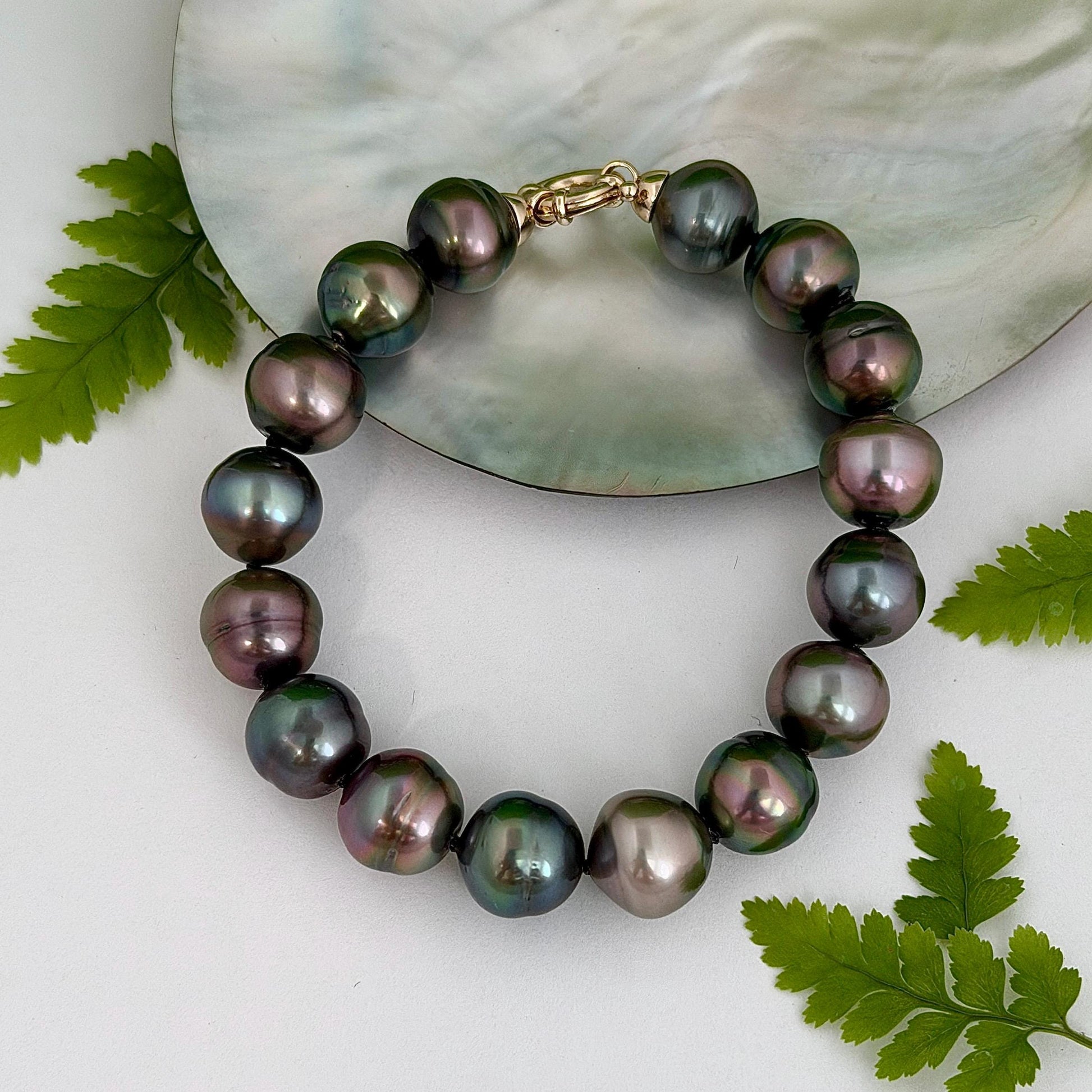 Tahitian Pearl Bracelet • gold vermeil clasp • PEACOCK colors • multicolor strand
