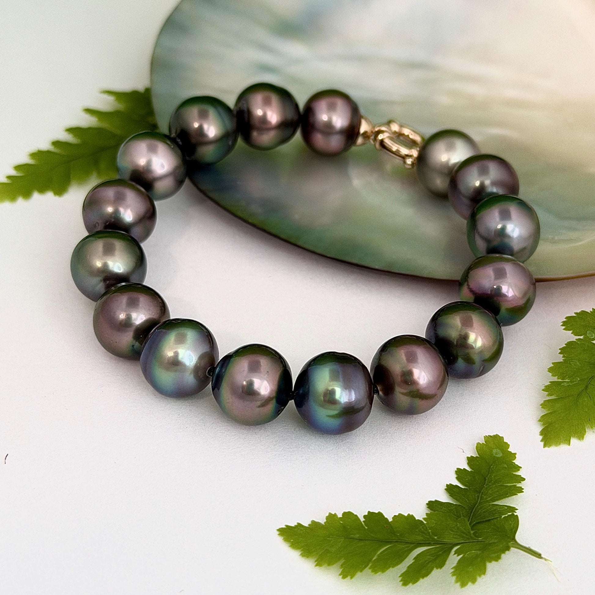 Tahitian Pearl Bracelet • gold vermeil clasp • PEACOCK colors • multicolor strand