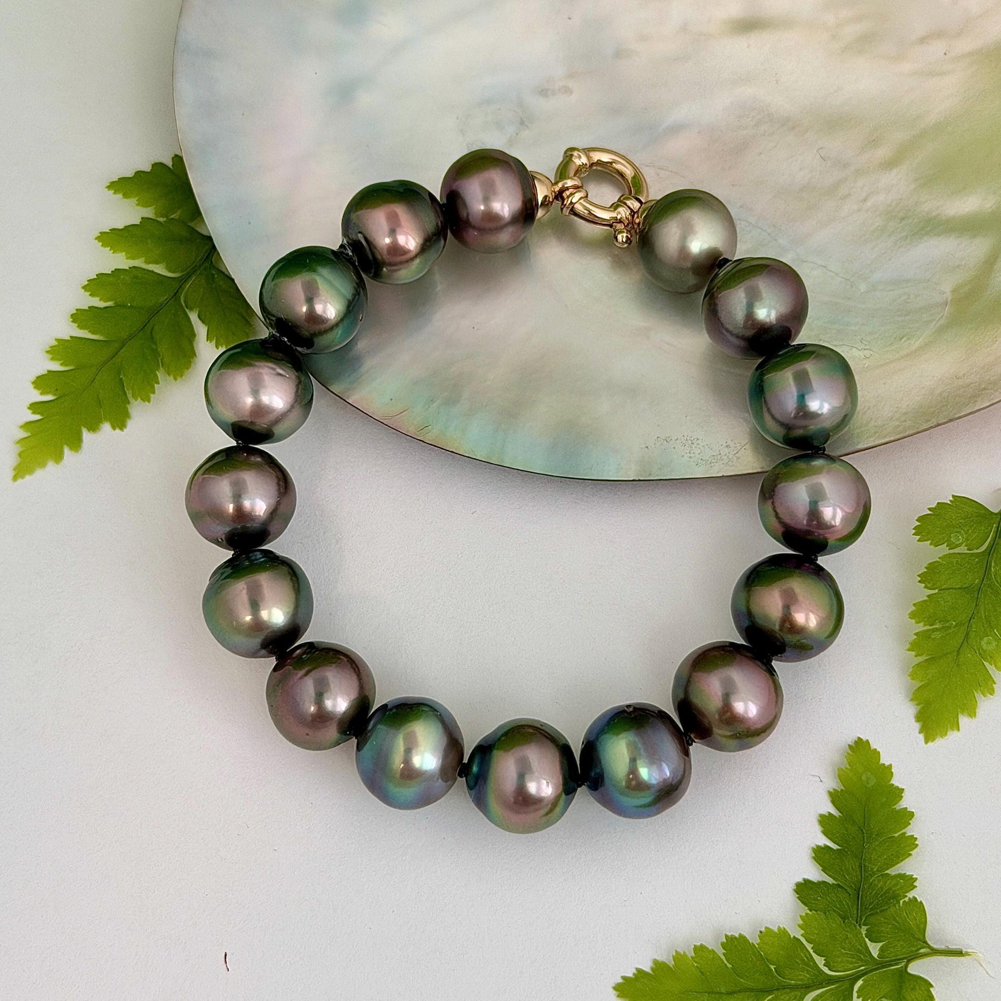 Tahitian Pearl Bracelet • gold vermeil clasp • PEACOCK colors • multicolor strand