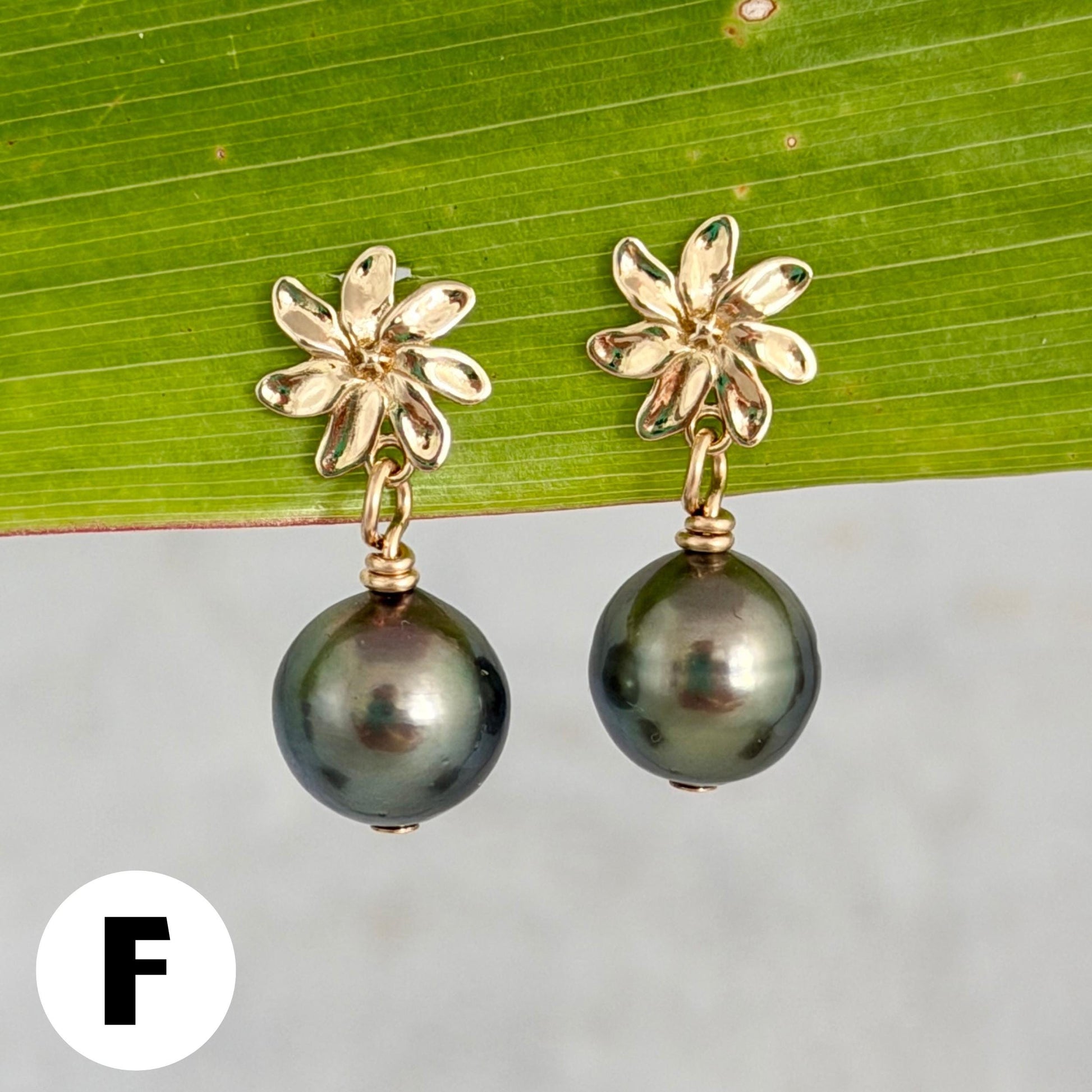 Tahitian pearl stud earrings — Gardenia Tiare flower • Gold jewelry