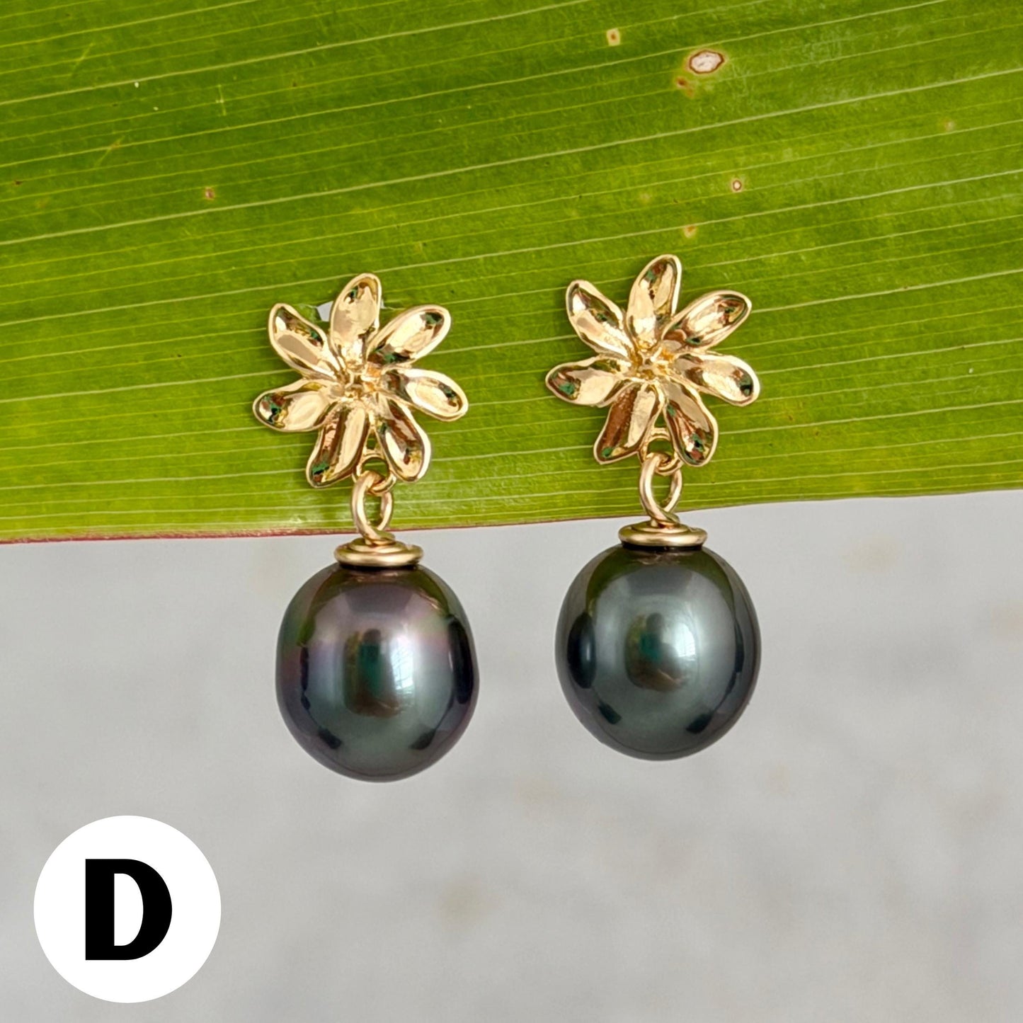 Tahitian pearl stud earrings — Gardenia Tiare flower • Gold jewelry