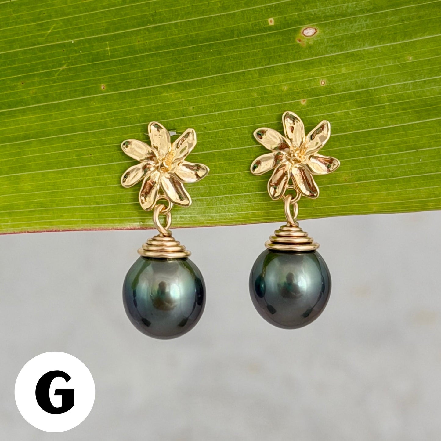 Tahitian pearl stud earrings — Gardenia Tiare flower • Gold jewelry