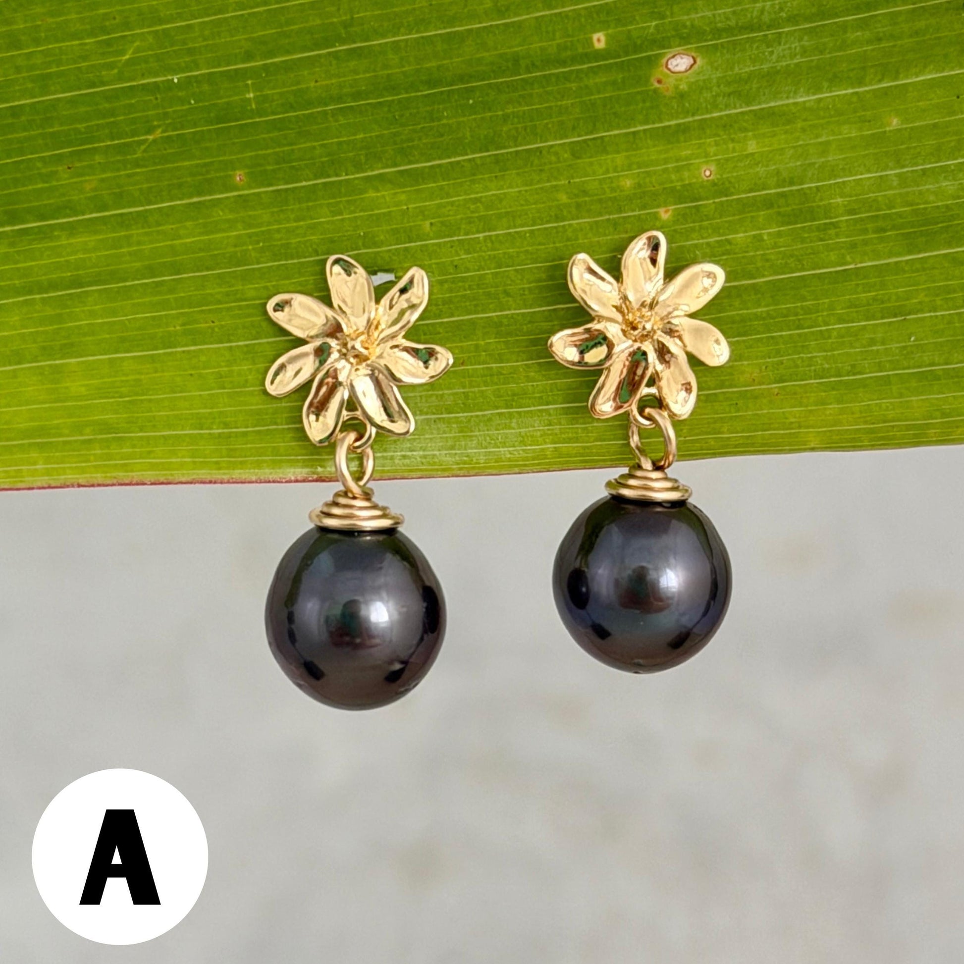 Tahitian pearl stud earrings — Gardenia Tiare flower • Gold jewelry