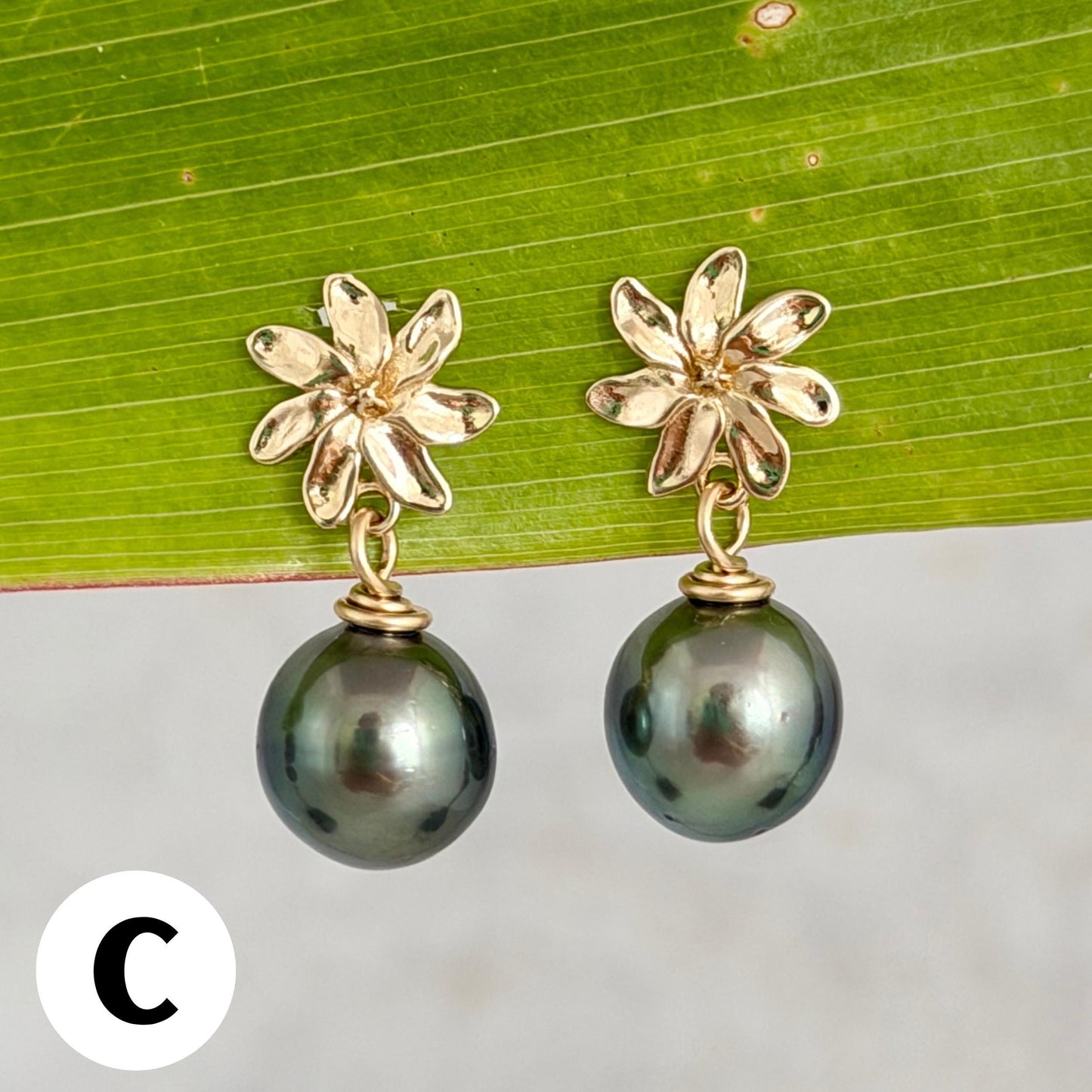 Tahitian pearl stud earrings — Gardenia Tiare flower • Gold jewelry