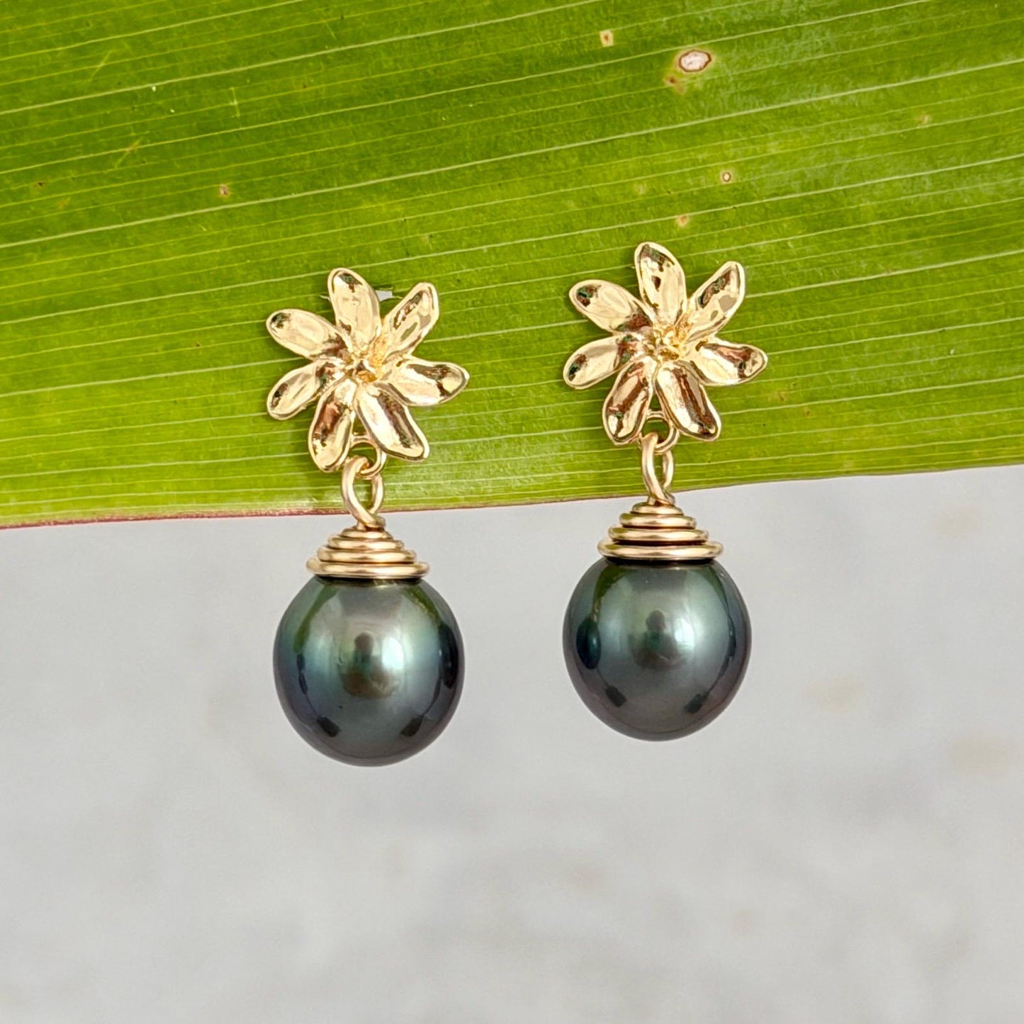 Tahitian pearl stud earrings — Gardenia Tiare flower • Gold jewelry