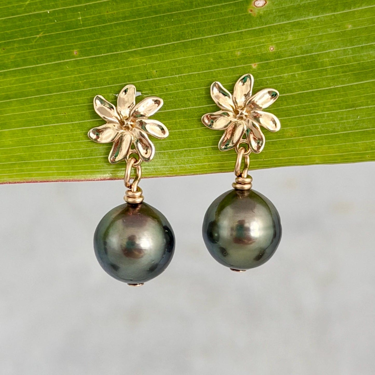 Tahitian pearl stud earrings — Gardenia Tiare flower • Gold jewelry