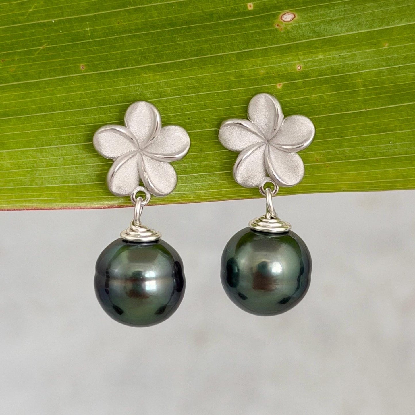 Tahitian Pearl Plumeria Earrings: Sterling Silver Floral Studs