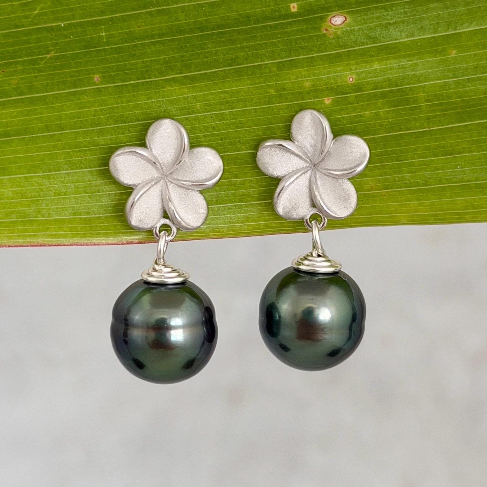 Tahitian Pearl Plumeria Earrings: Sterling Silver Floral Studs