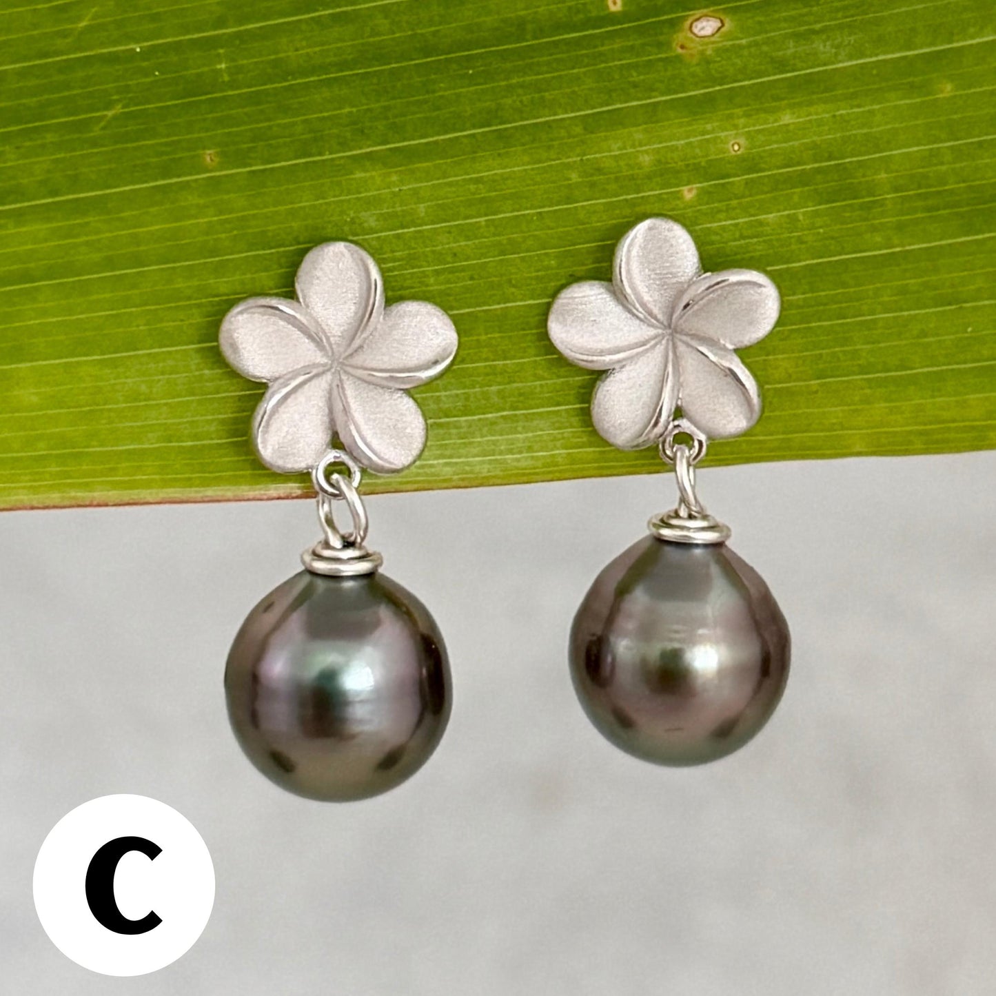 Tahitian Pearl Plumeria Earrings: Sterling Silver Floral Studs