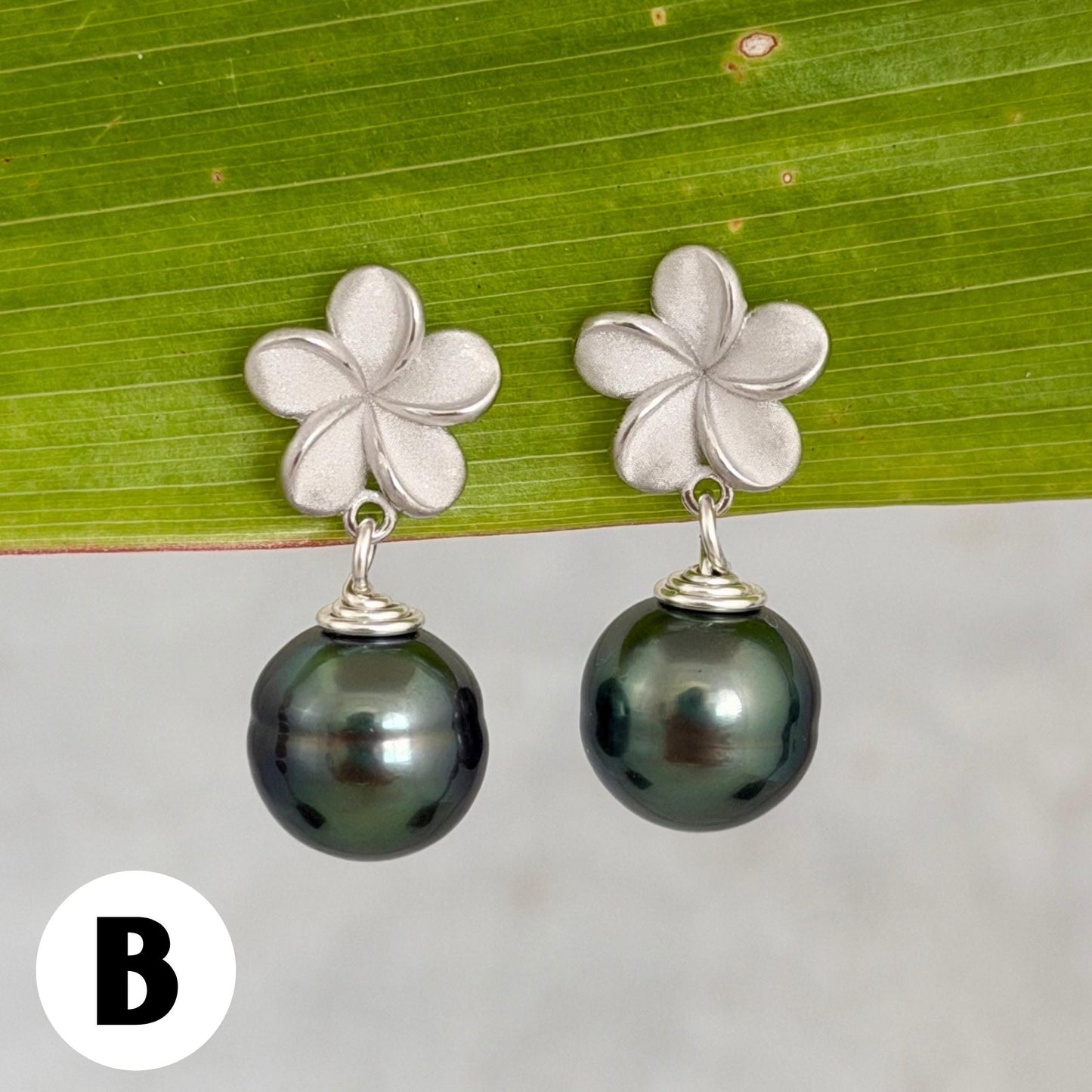 Tahitian Pearl Plumeria Earrings: Sterling Silver Floral Studs