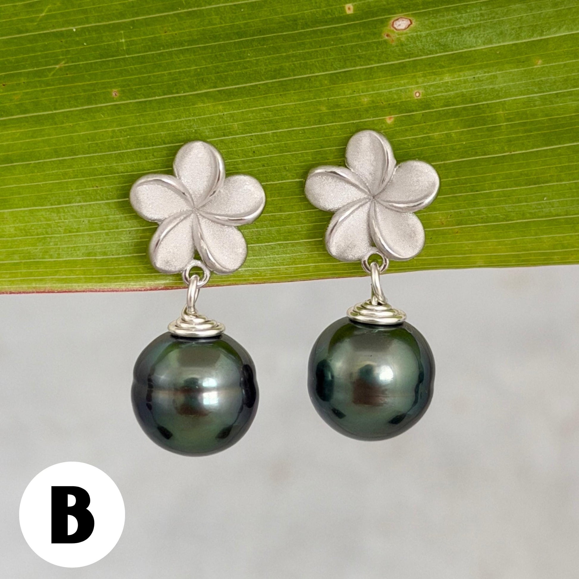 Tahitian Pearl Plumeria Earrings: Sterling Silver Floral Studs