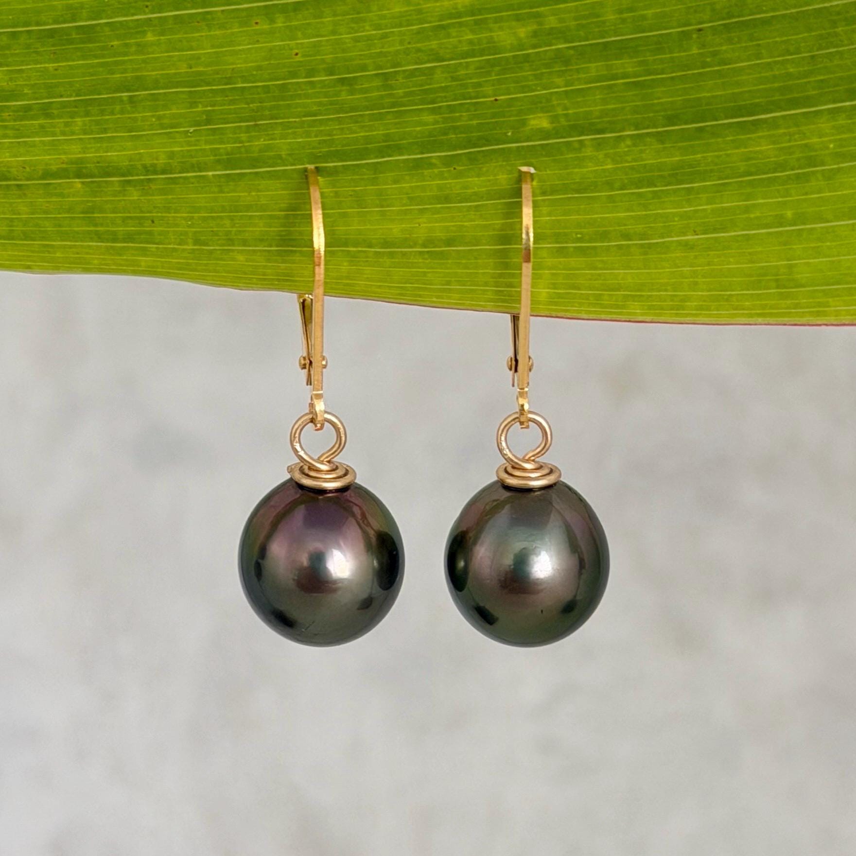Tahitian Pearl Leverback Earrings • Gold filled dangle jewelry • Peacock Pink and Green