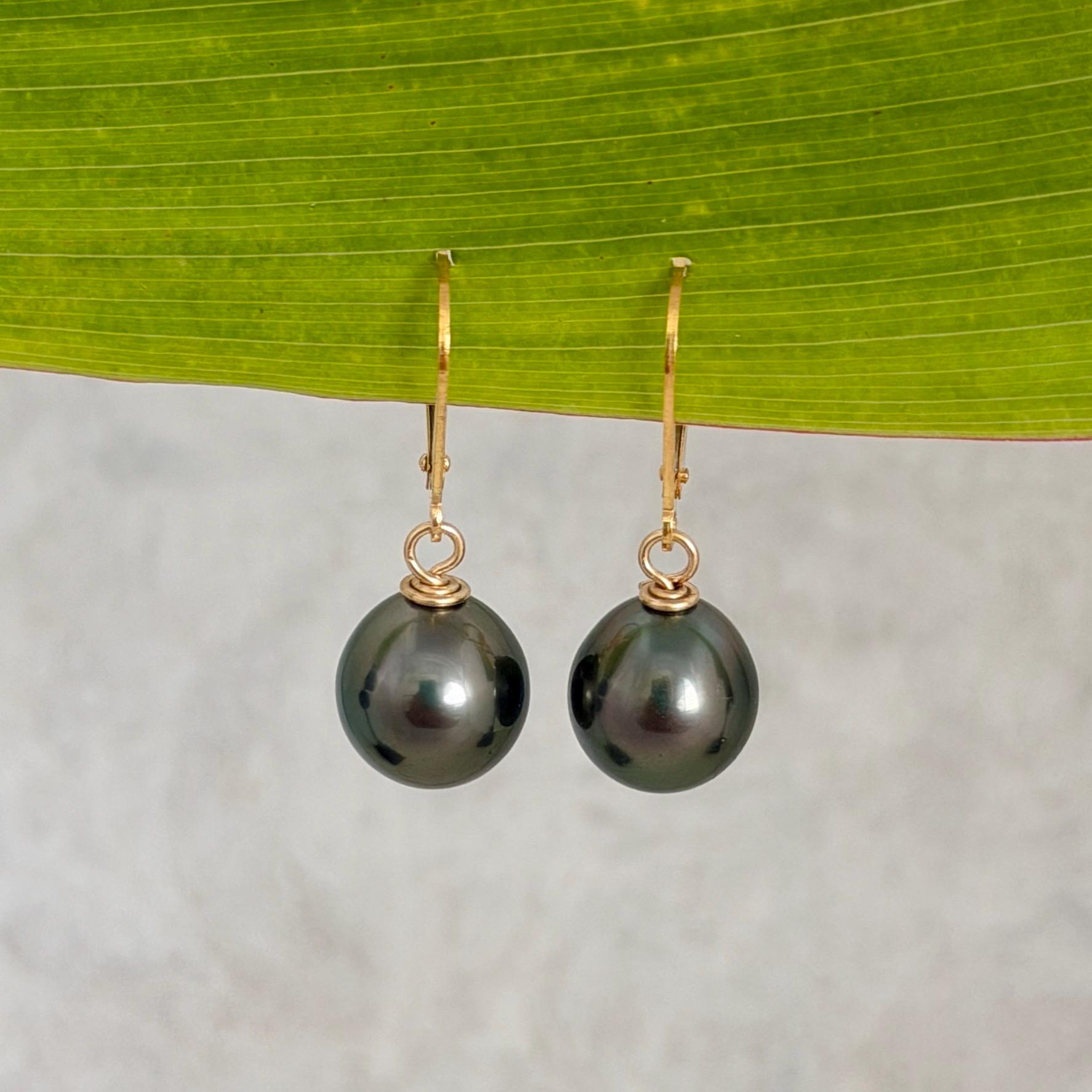 Tahitian Pearl Leverback Earrings • Gold filled dangle jewelry • Dark Green