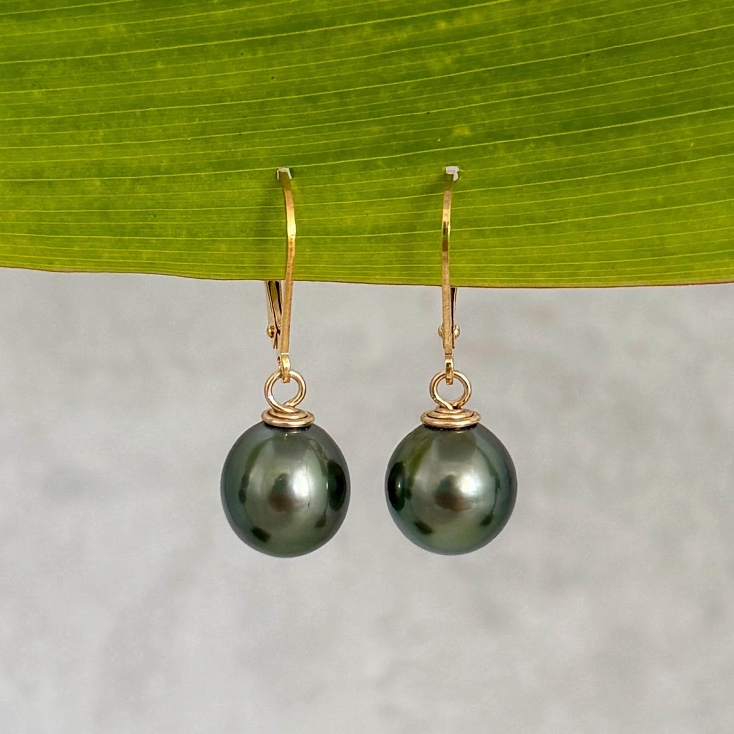 Tahitian Pearl Leverback Earrings • Gold filled dangle jewelry • Green color