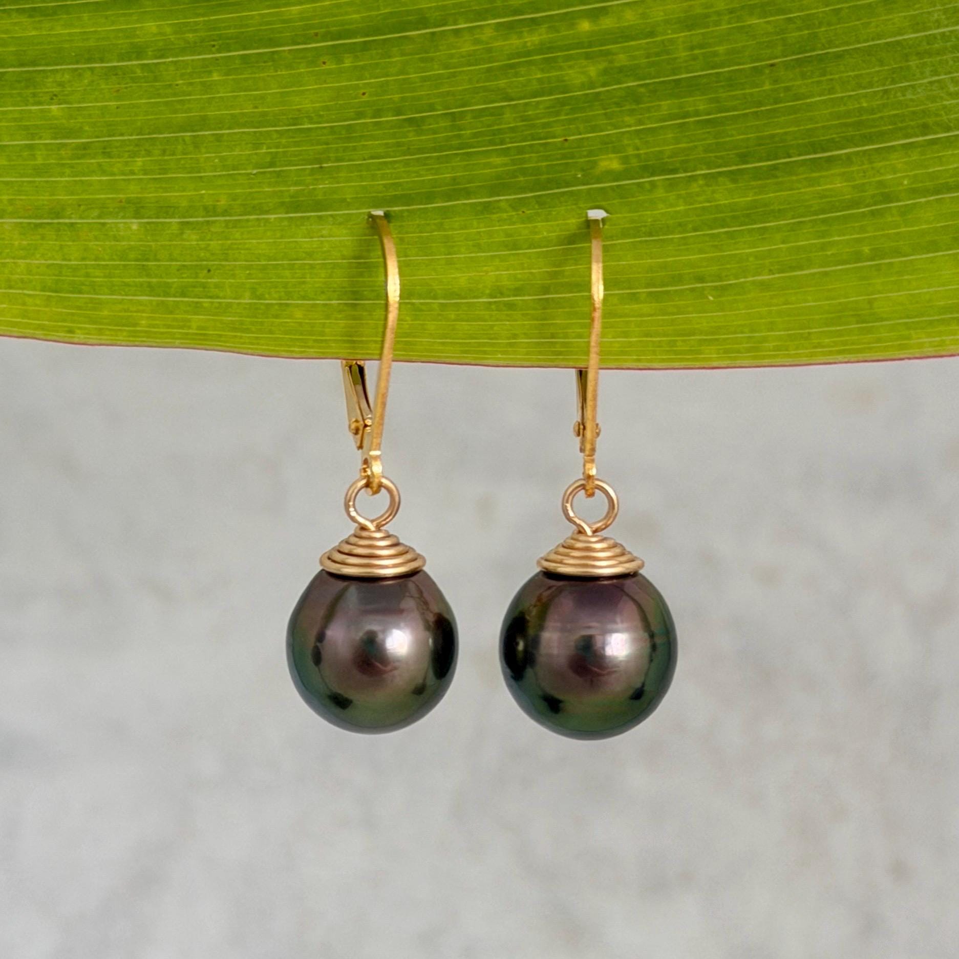 Tahitian Pearl Leverback Earrings • Gold filled dangle jewelry • Peacock Pink and Green