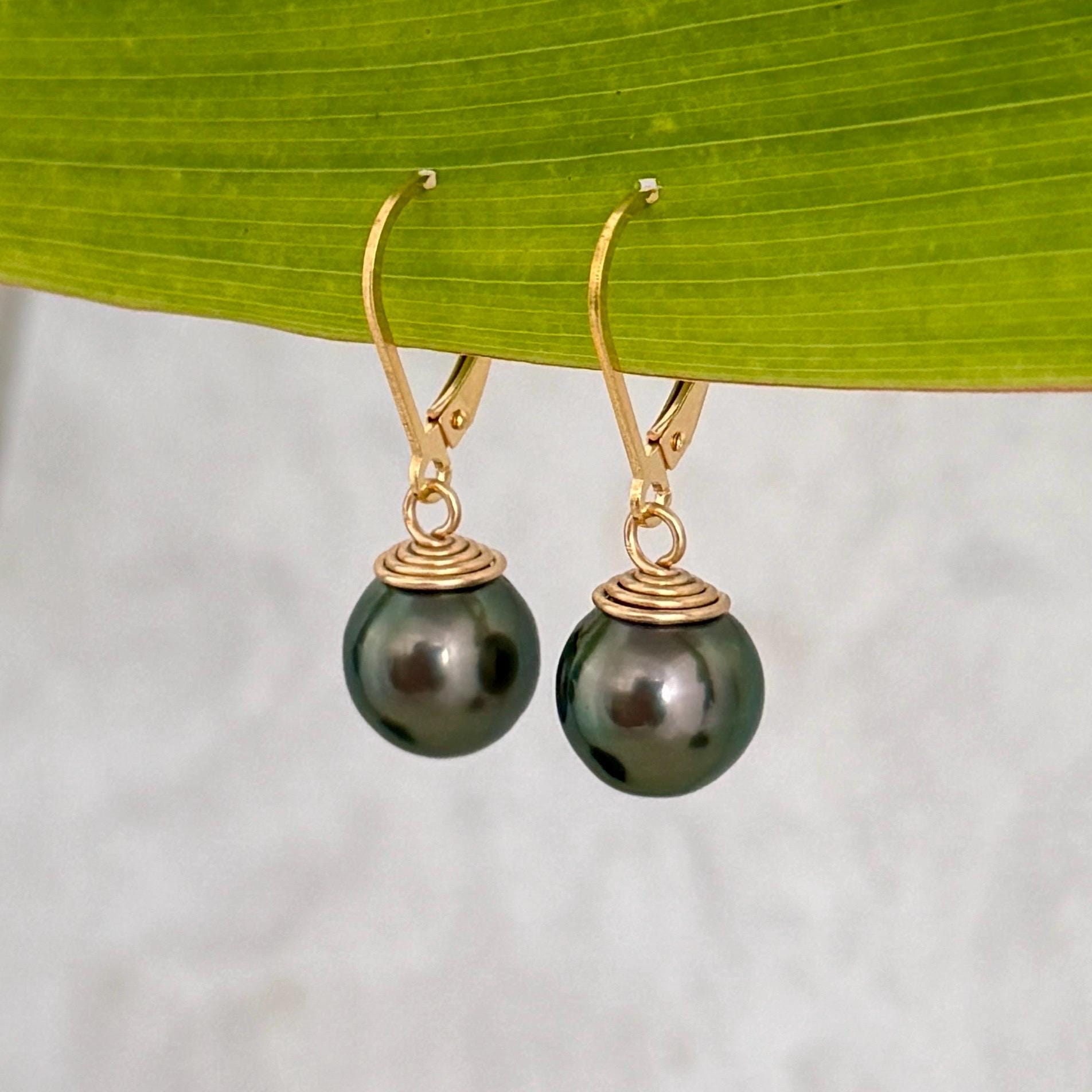 Tahitian Pearl Leverback Earrings • Gold filled dangle jewelry • Dark Green