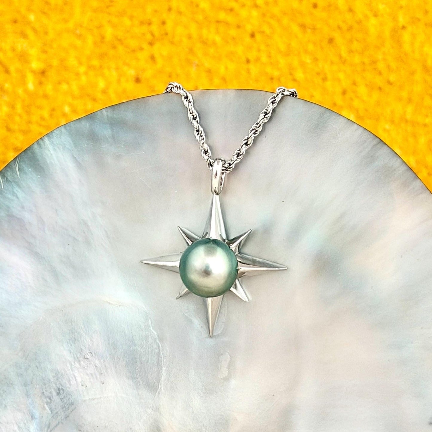 Tahitian Pearl Star Necklace: Sterling Silver Starburst Pendant, Hawaiian Jewelry