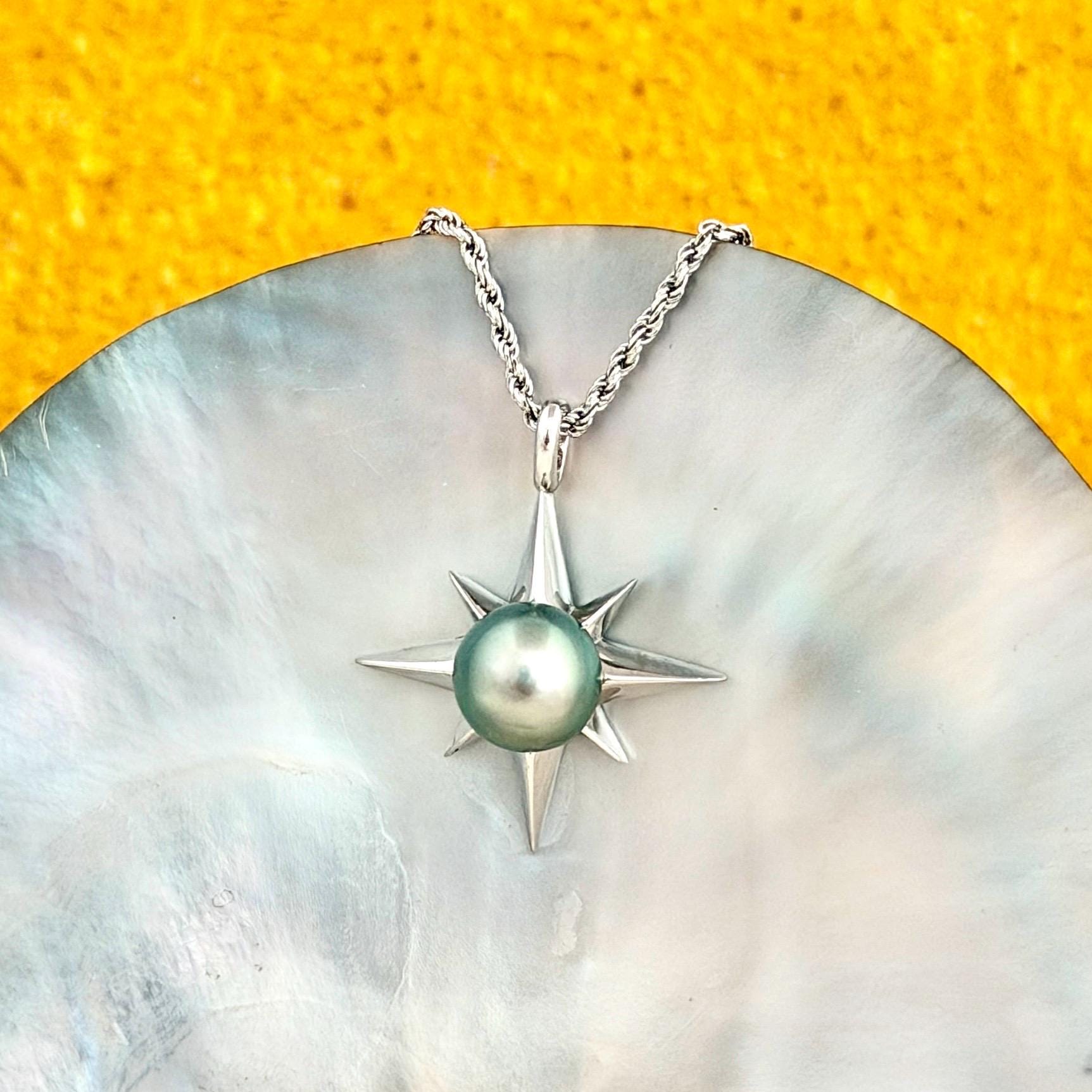 Tahitian Pearl Star Necklace: Sterling Silver Starburst Pendant, Hawaiian Jewelry