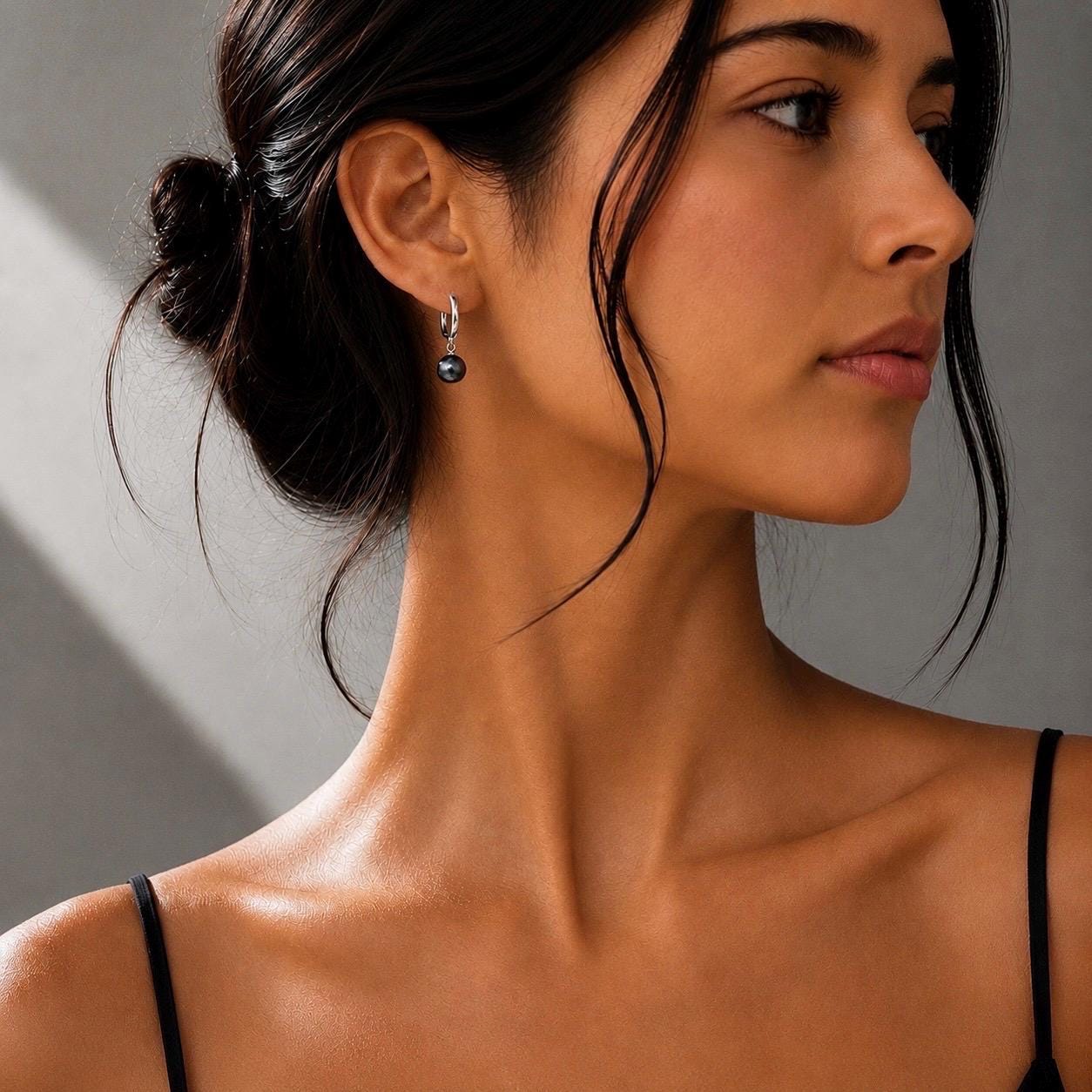 Tahitian pearl hoops • Huggies earrings • Sterling silver jewelry