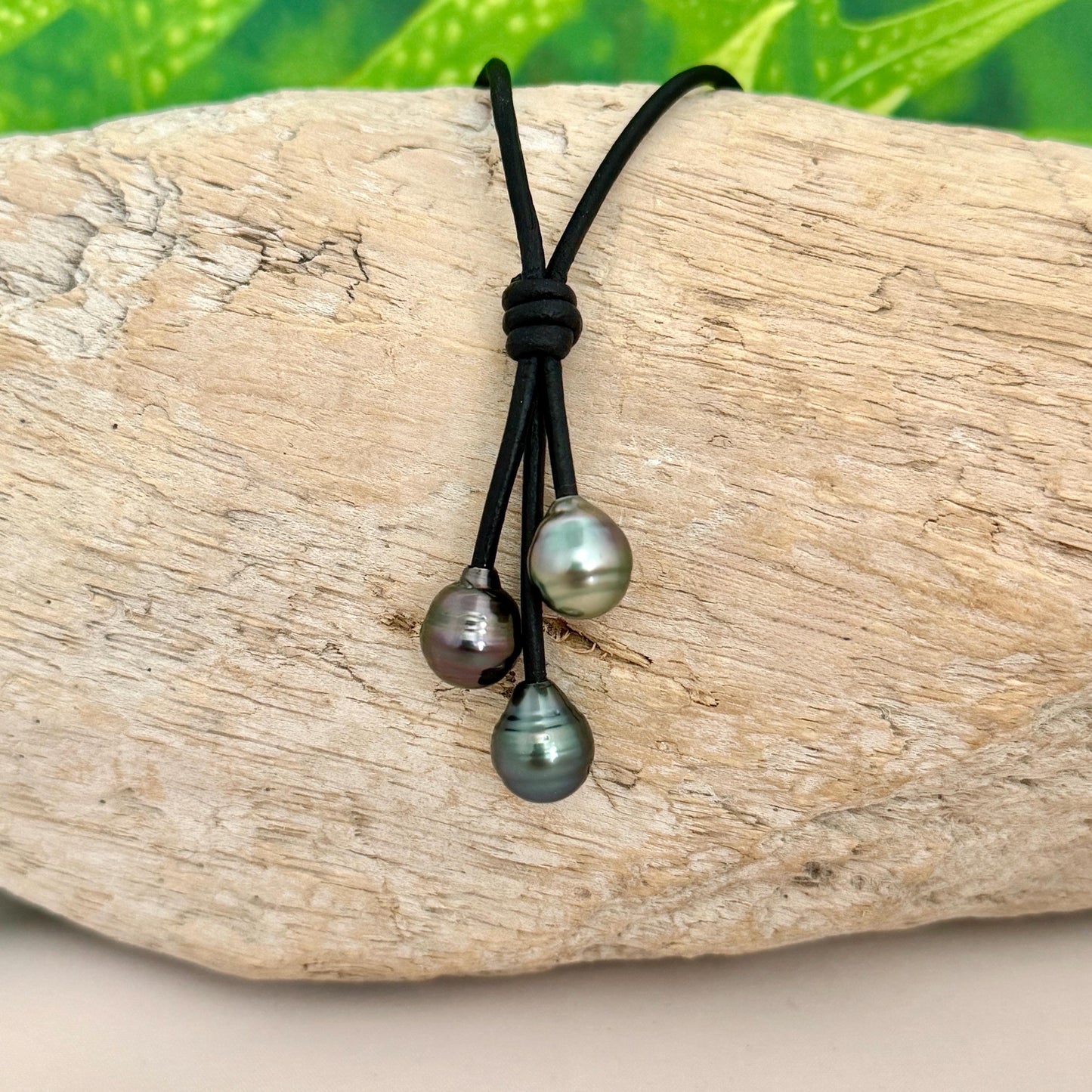 Tahitian Pearl Cluster Necklace: Leather Cord • Golden Peacock Pink Blue