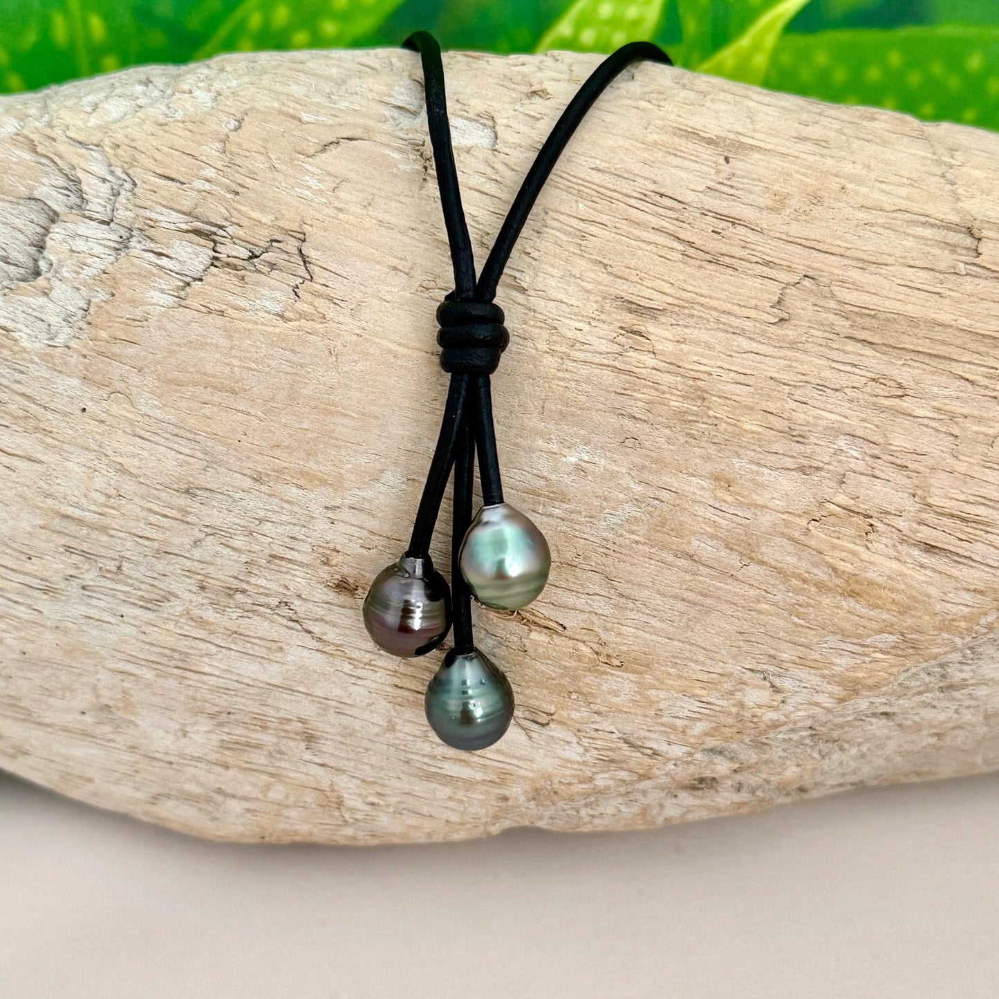Tahitian Pearl Cluster Necklace: Leather Cord • Golden Peacock Pink Blue