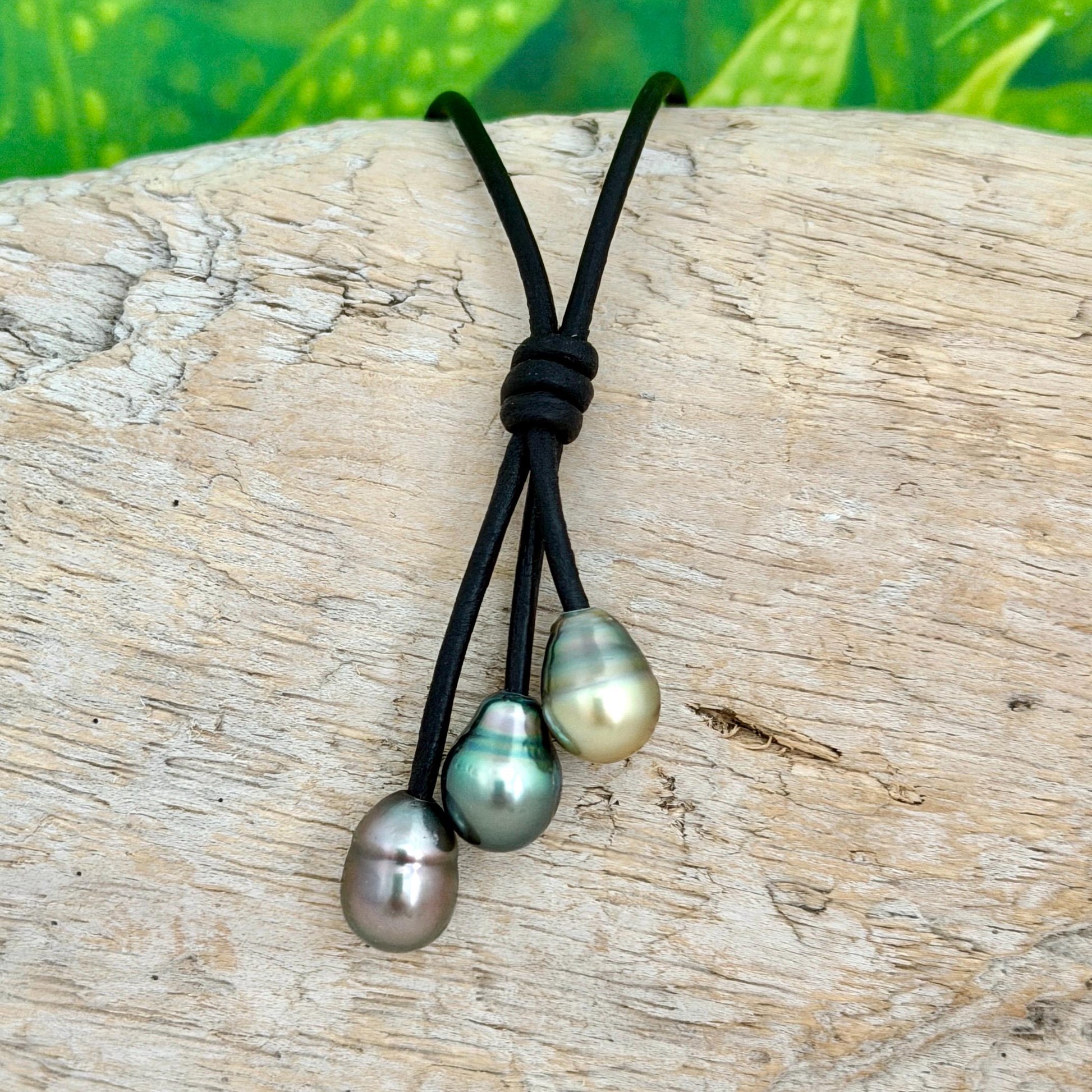 Tahitian Pearl Cluster Necklace: Leather Cord • Golden Green Pink
