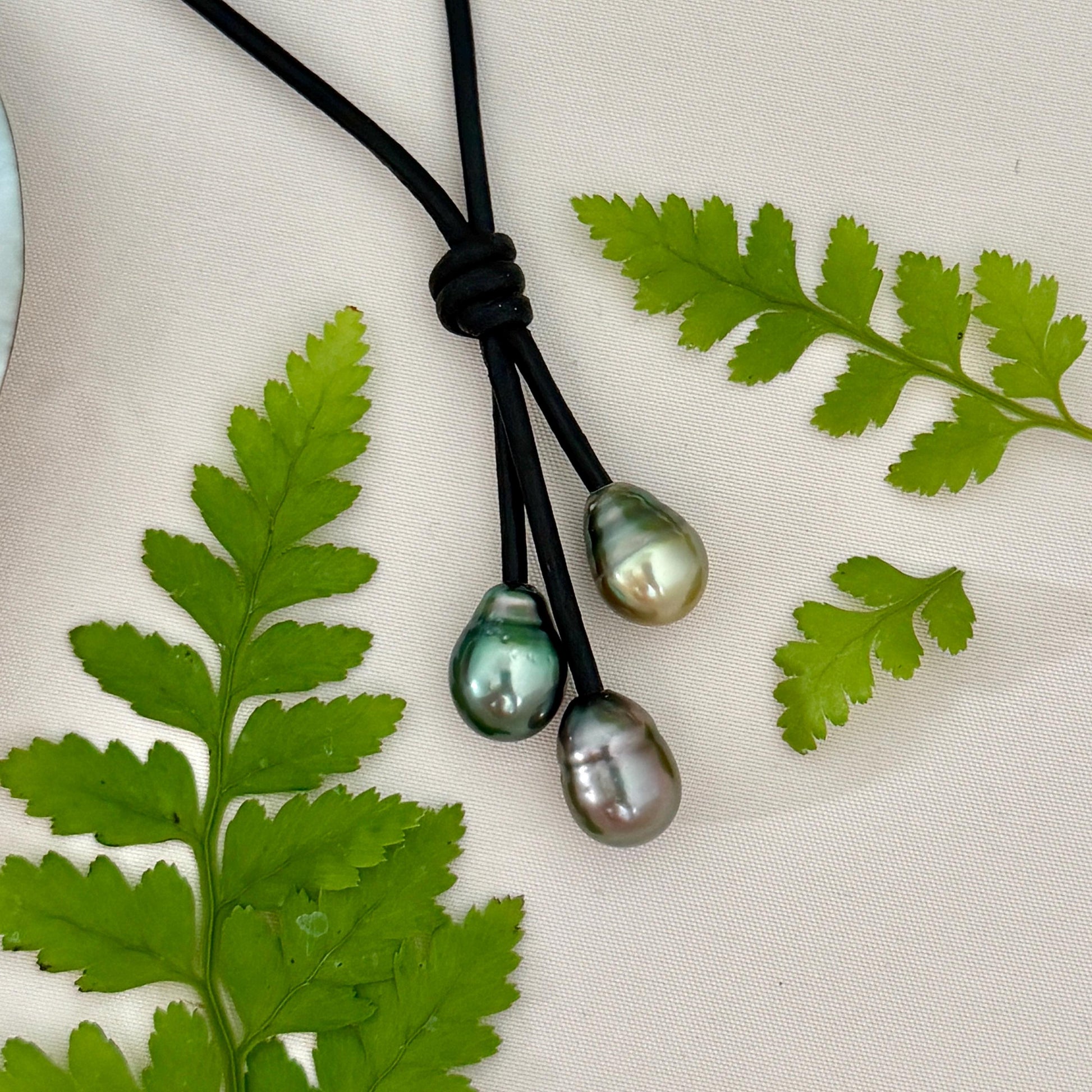 Tahitian Pearl Cluster Necklace: Leather Cord • Golden Green Pink