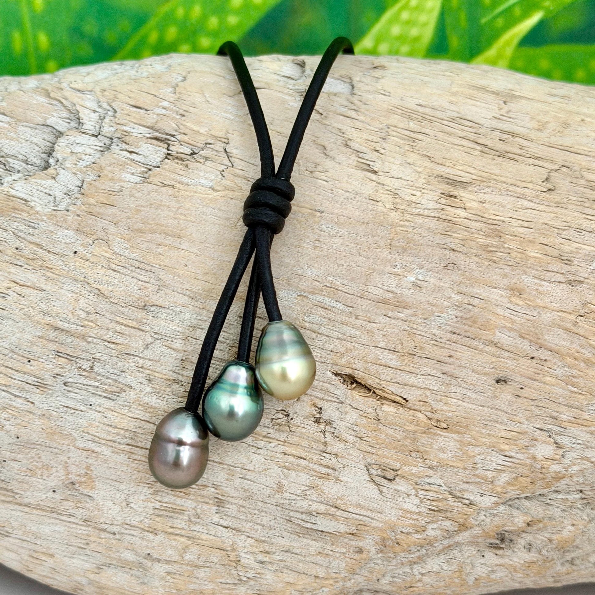 Tahitian Pearl Cluster Necklace: Leather Cord • Golden Green Pink
