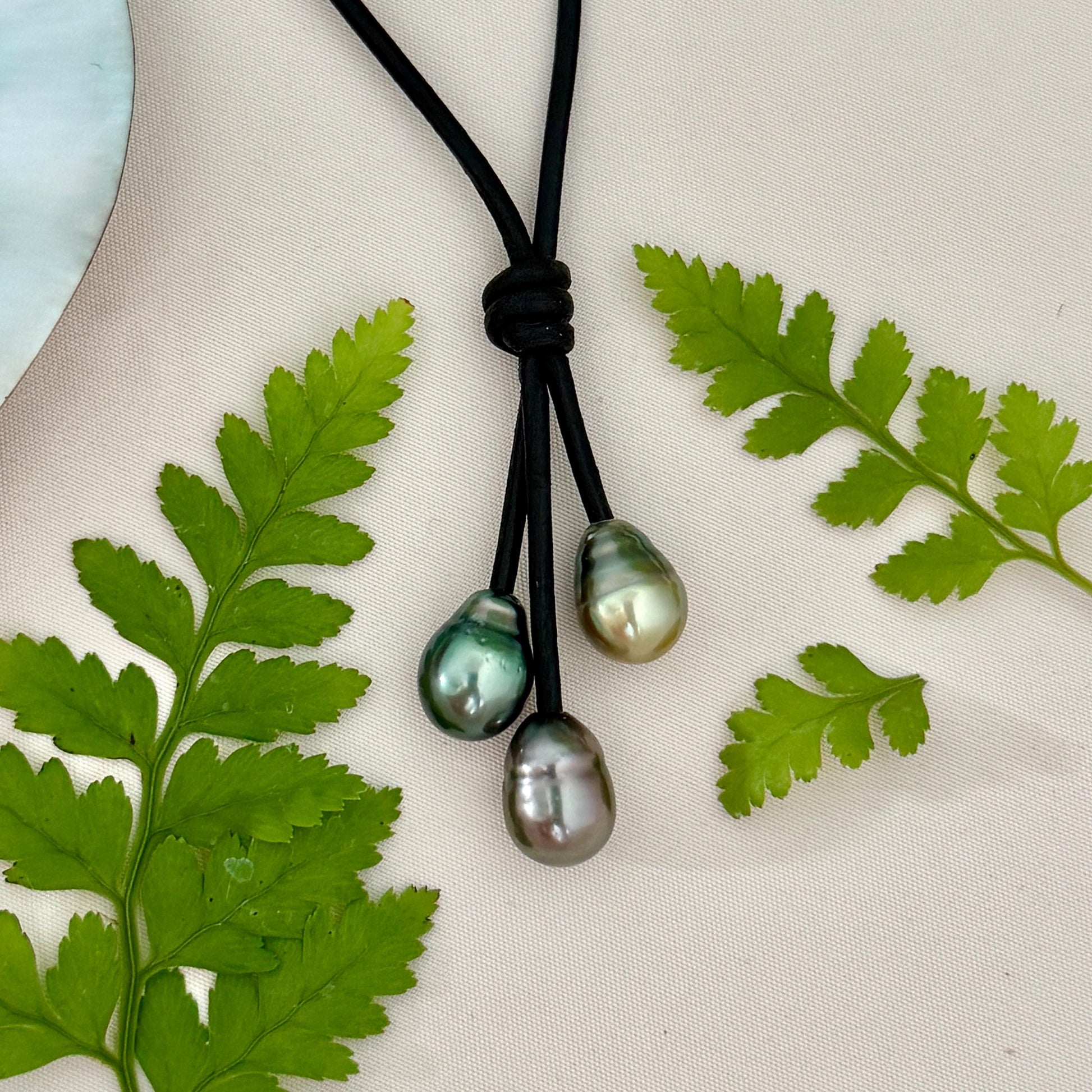 Tahitian Pearl Cluster Necklace: Leather Cord • Golden Green Pink