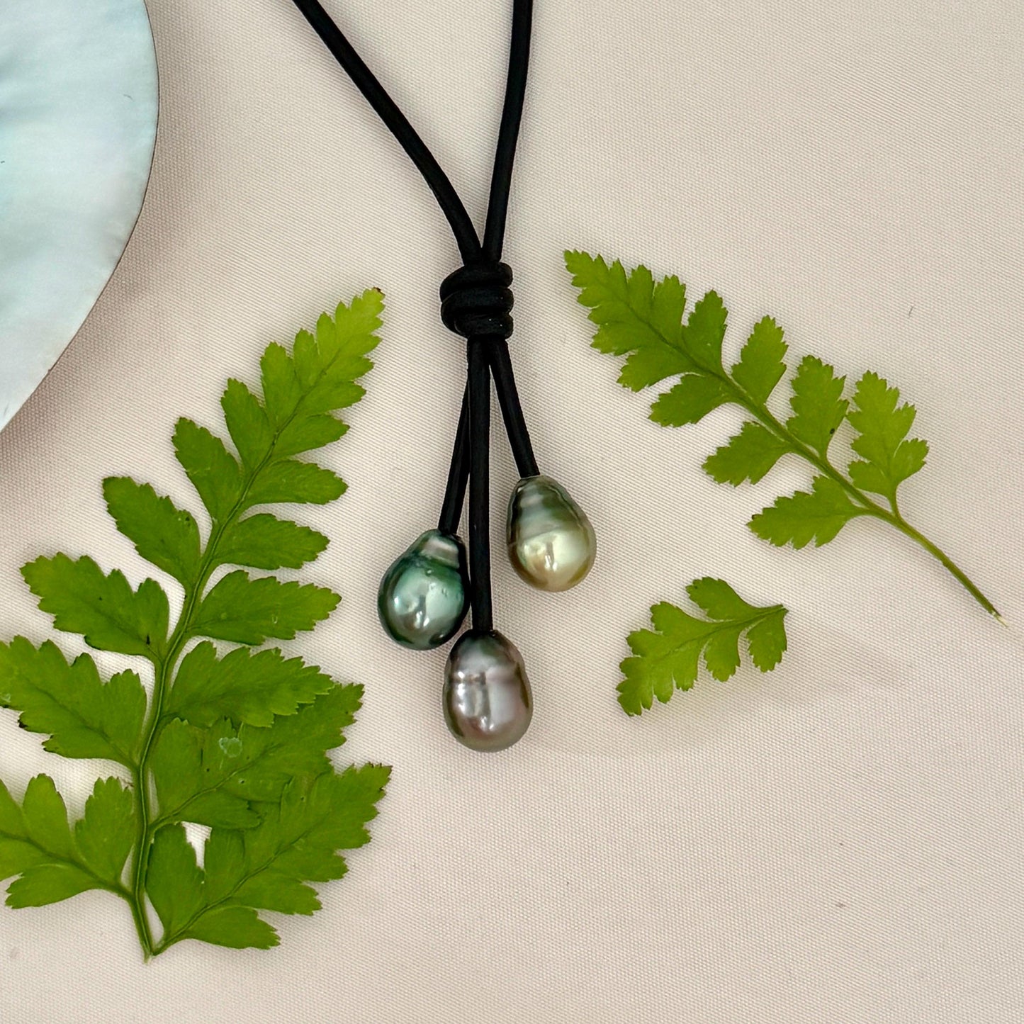 Tahitian Pearl Cluster Necklace: Leather Cord • Golden Green Pink