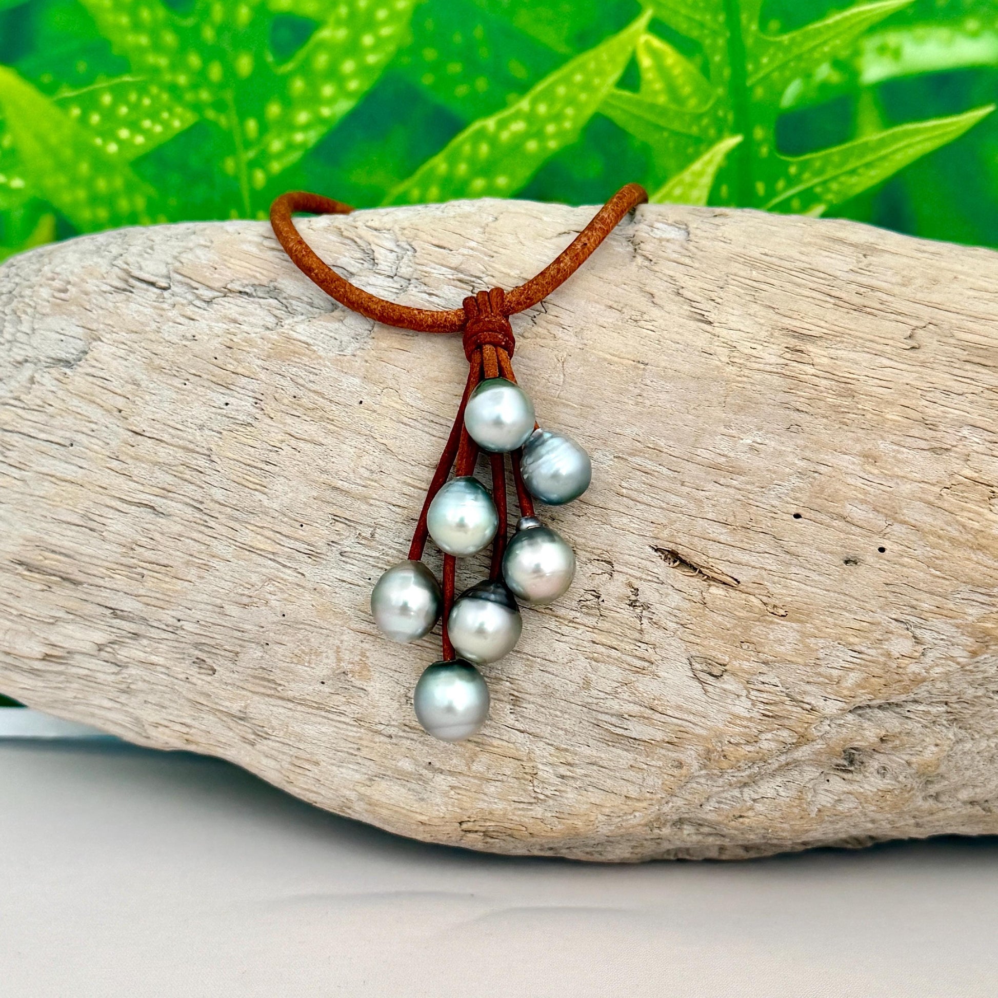 Tahitian Pearl Necklace • Boho Leather Cluster Pendant • Island-Inspired Jewelry