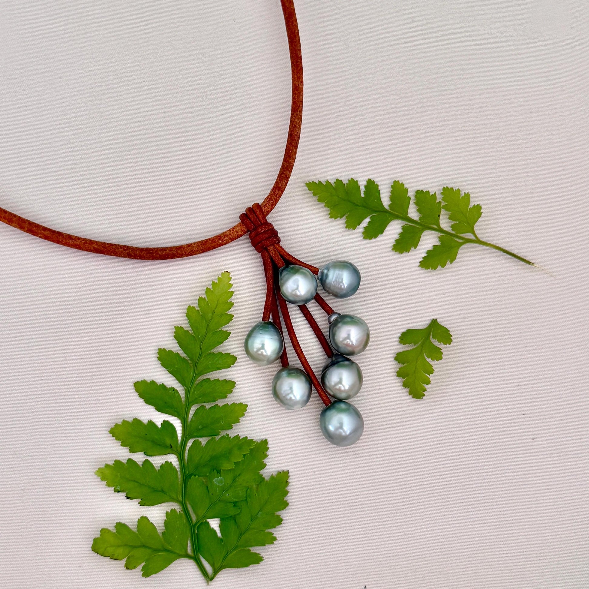 Tahitian Pearl Necklace • Boho Leather Cluster Pendant • Island-Inspired Jewelry