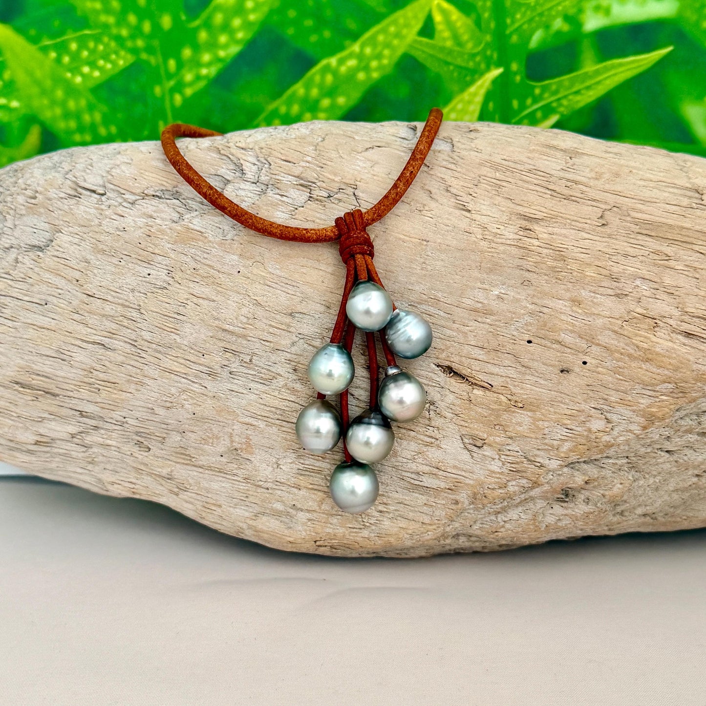 Tahitian Pearl Necklace • Boho Leather Cluster Pendant • Island-Inspired Jewelry