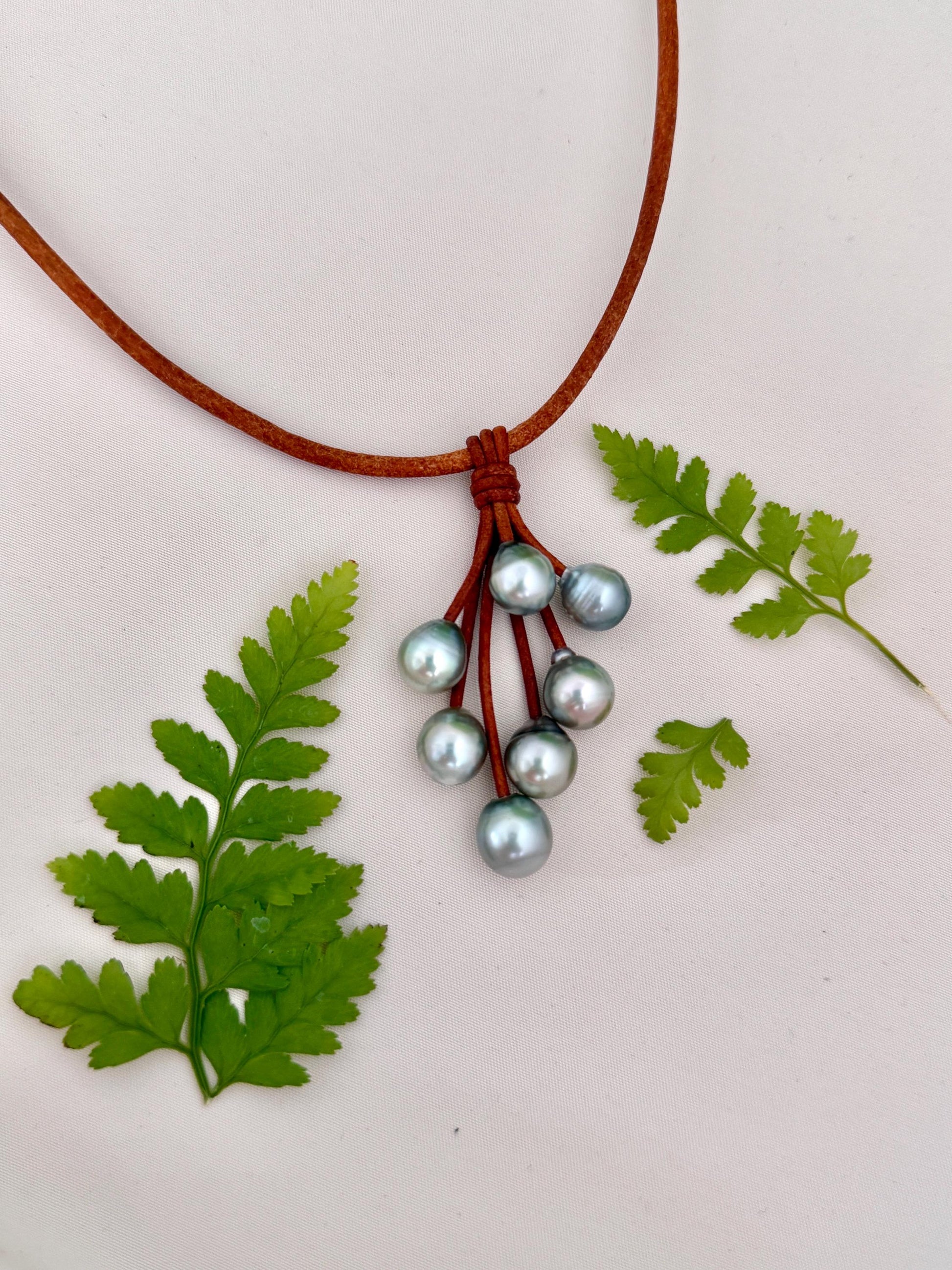 Tahitian Pearl Necklace • Boho Leather Cluster Pendant • Island-Inspired Jewelry