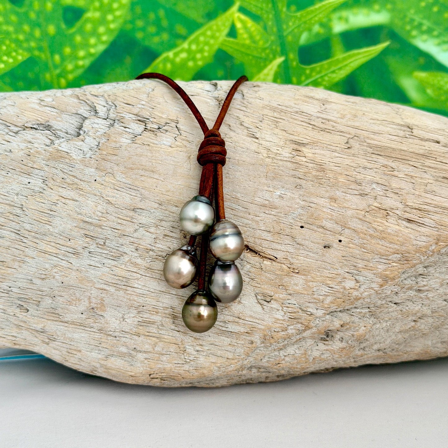 Tahitian Pearl Leather Necklace • Brown full grain • Natural CHOCOLATE color