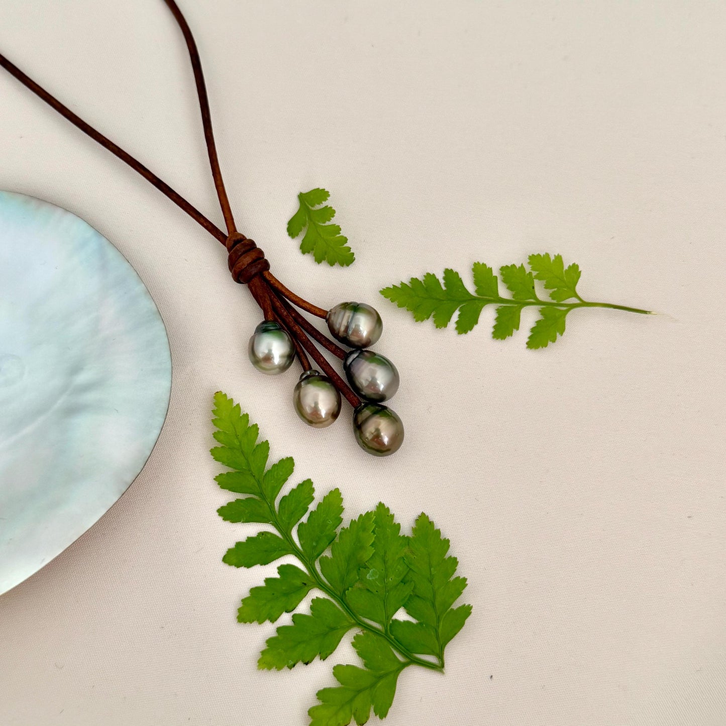 Tahitian Pearl Leather Necklace • Brown full grain • Natural CHOCOLATE color