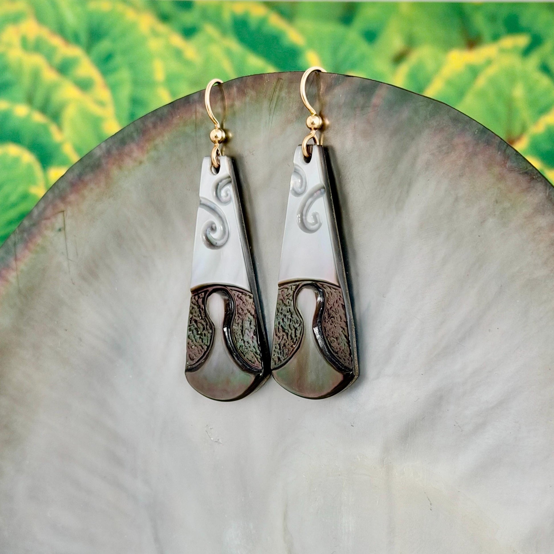 Poi Pounder Earrings • Hand carved Mother of Pearl shell • Gold filled or Sterling silver