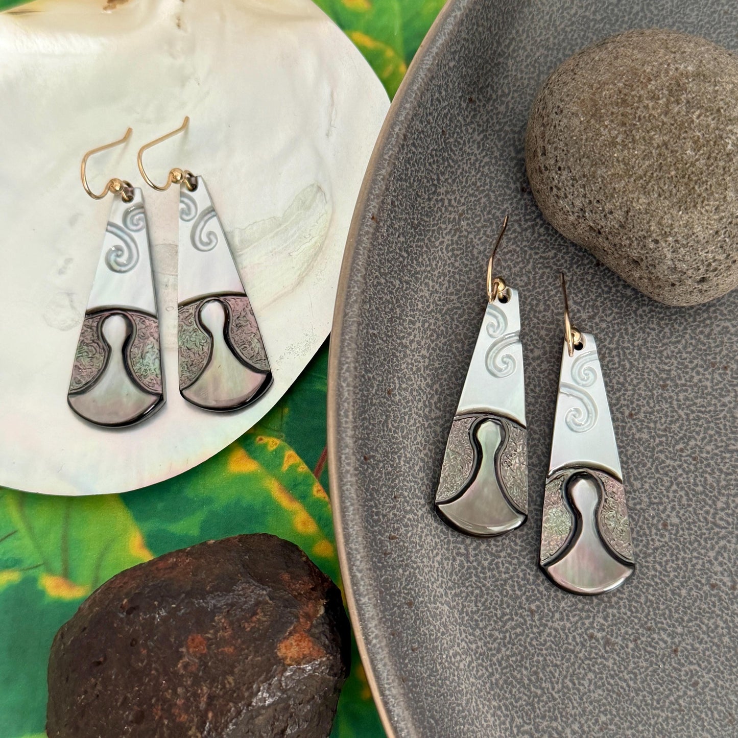 Poi Pounder Earrings • Hand carved Mother of Pearl shell • Gold filled or Sterling silver