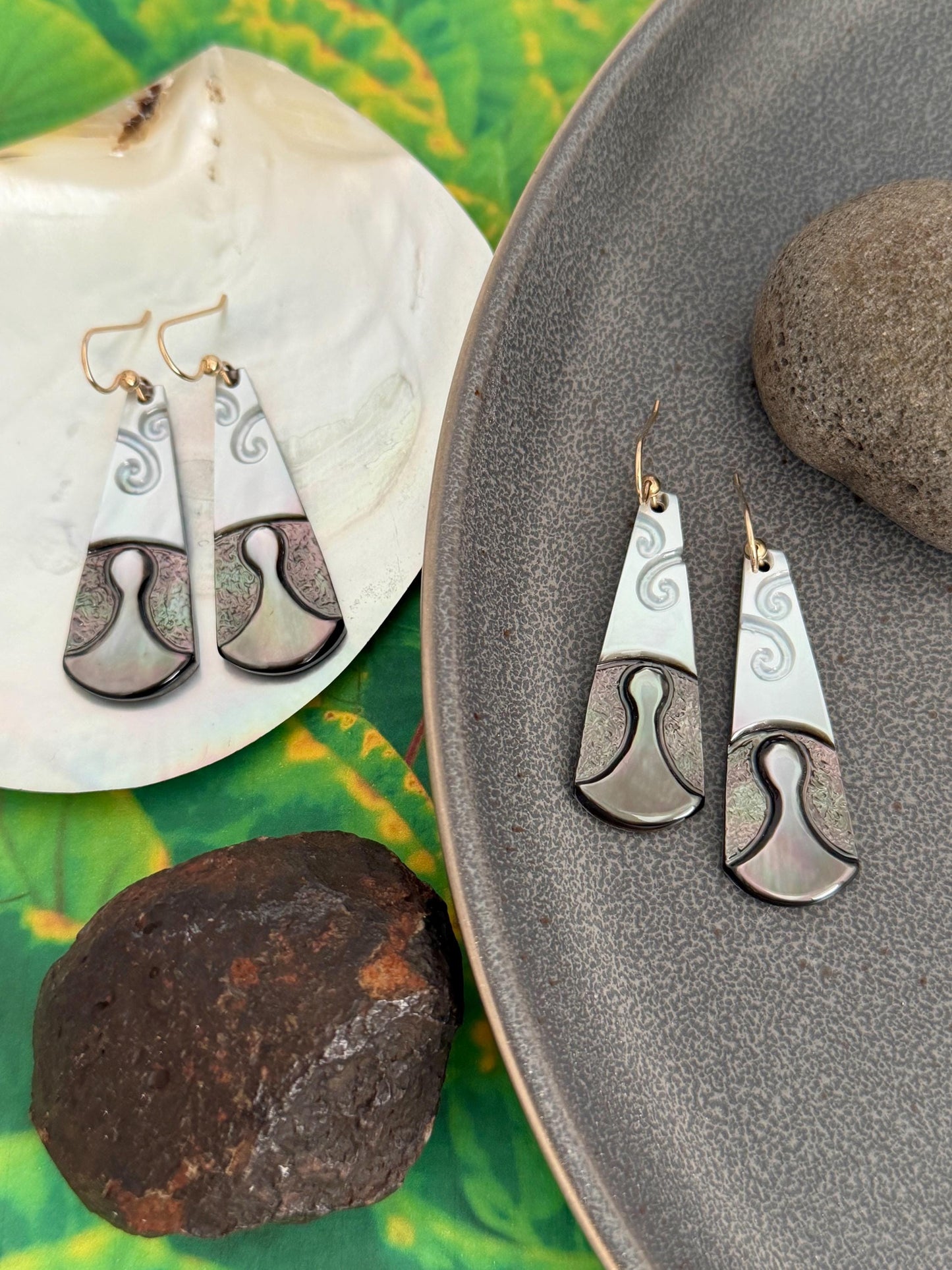 Poi Pounder Earrings • Hand carved Mother of Pearl shell • Gold filled or Sterling silver