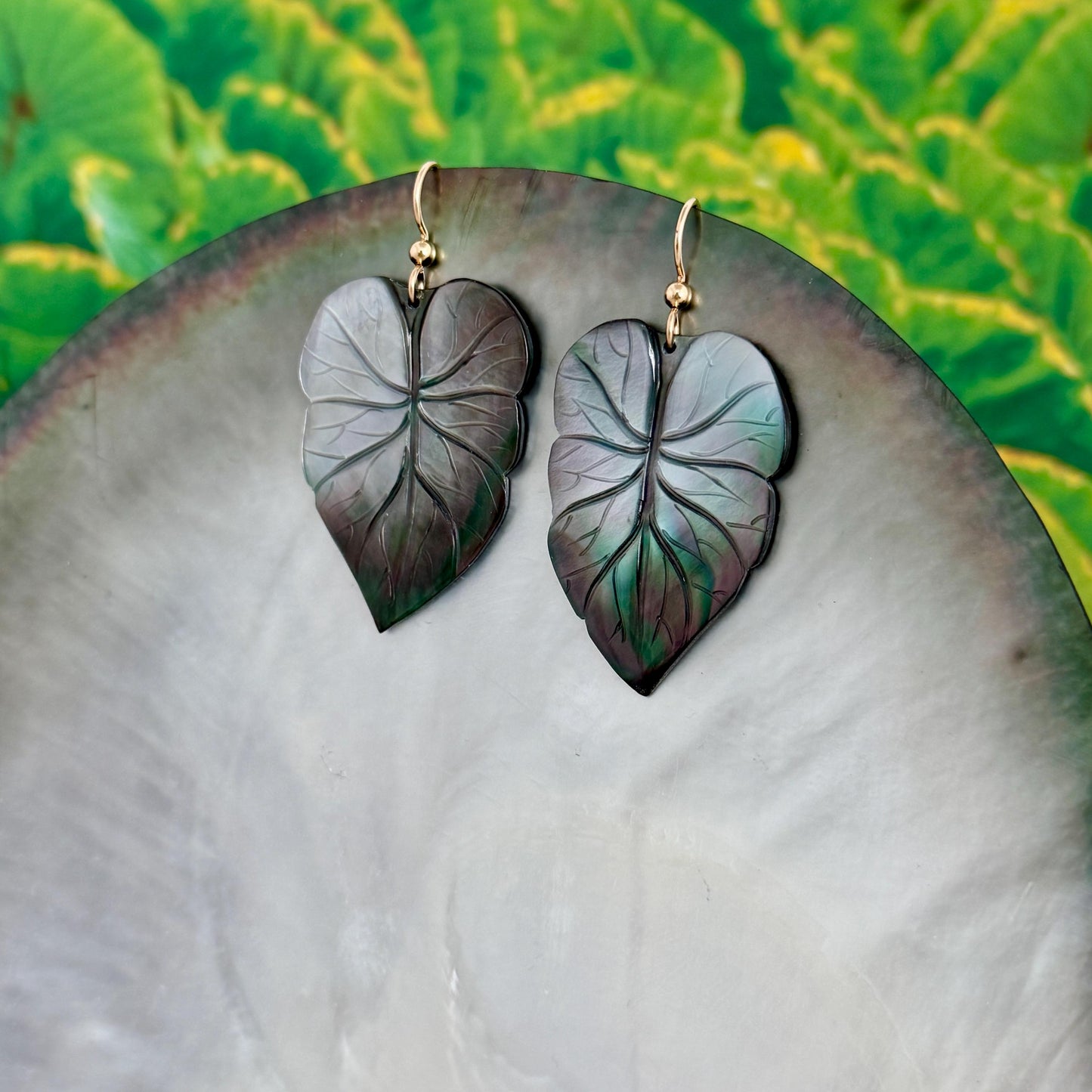 Kalo Leaf Earrings • Hawaiian Jewelry • Mother of Pearl shell