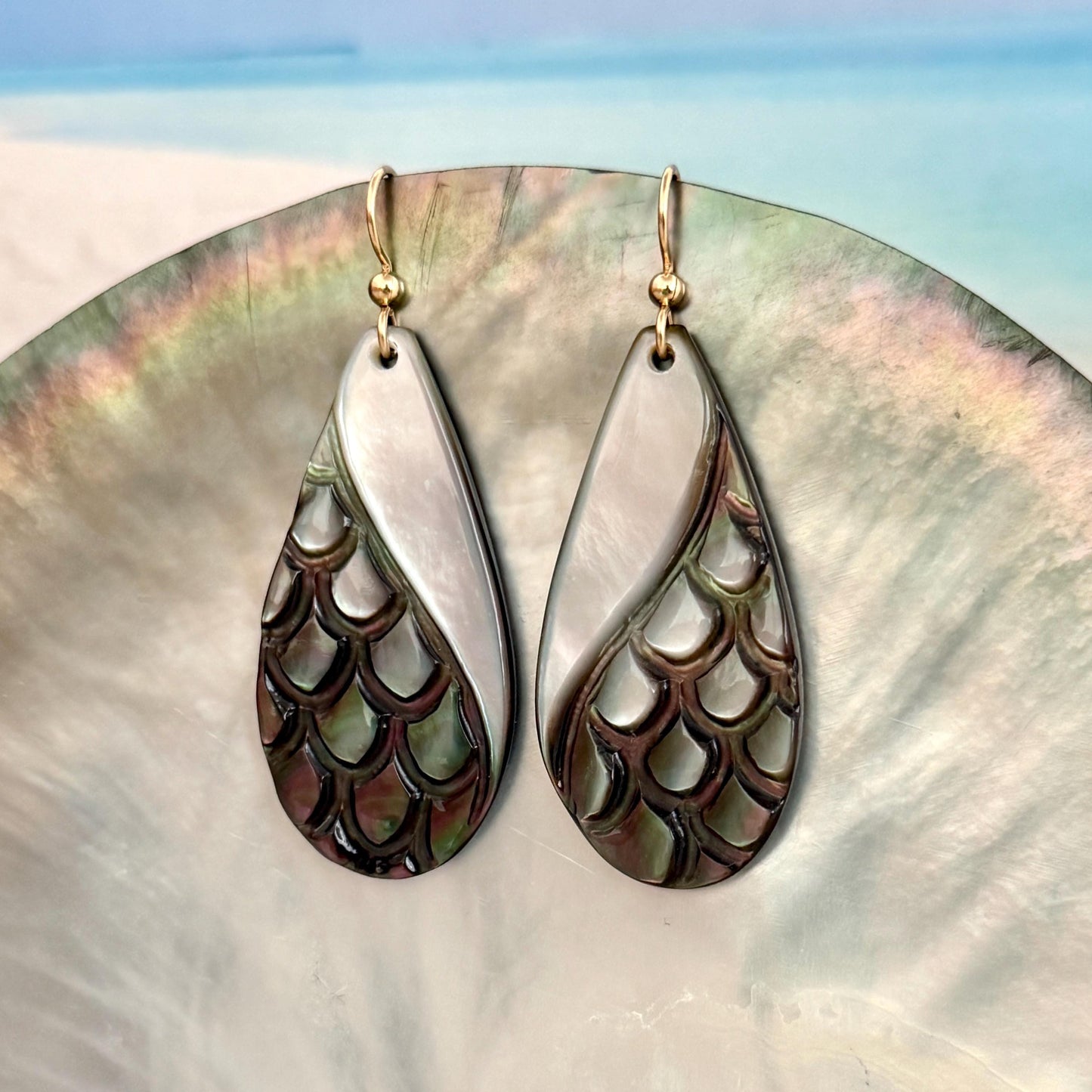 Hand Carved Mother of Pearl Tiare Earrings • Hawaiian Jewelry