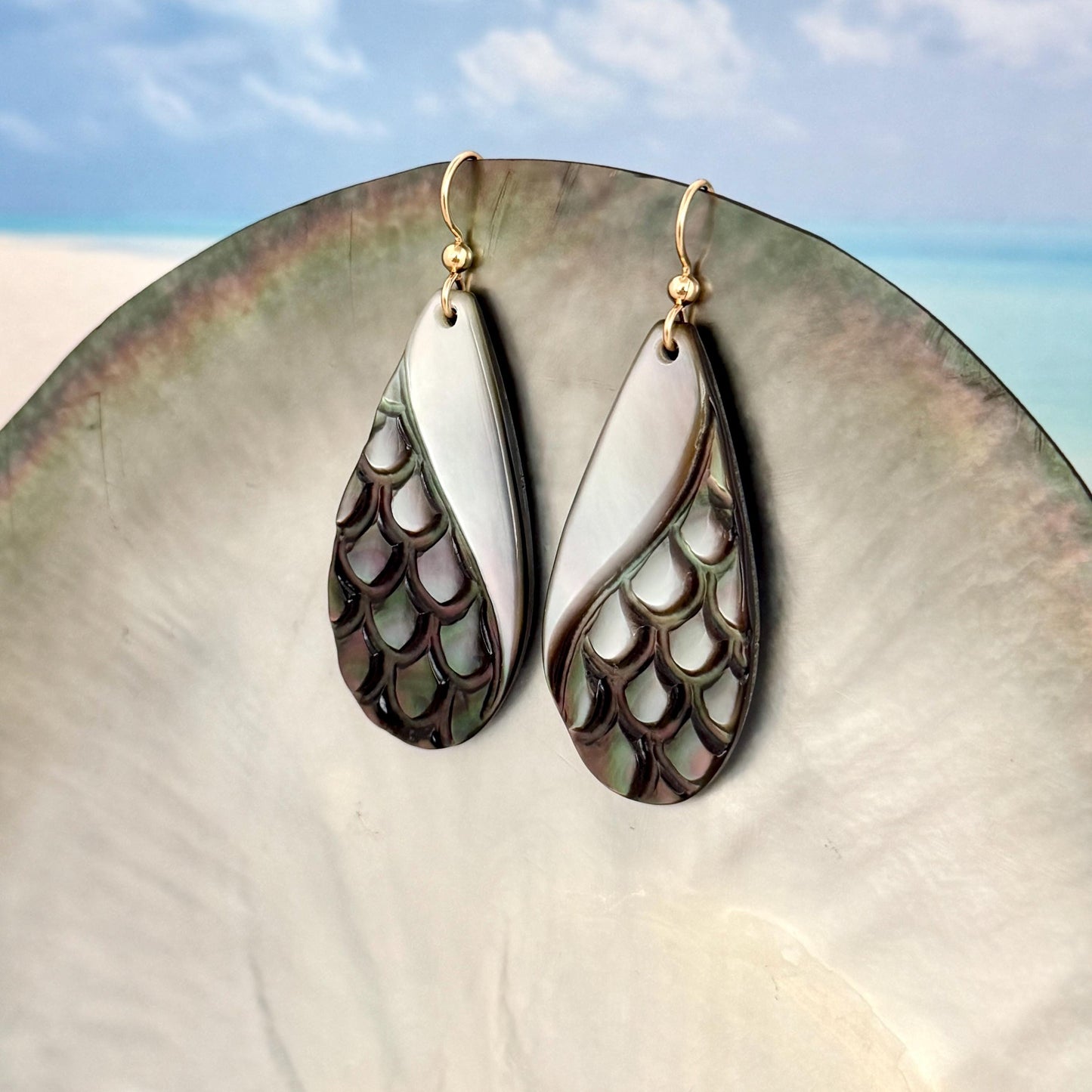 Hand Carved Mother of Pearl Tiare Earrings • Hawaiian Jewelry