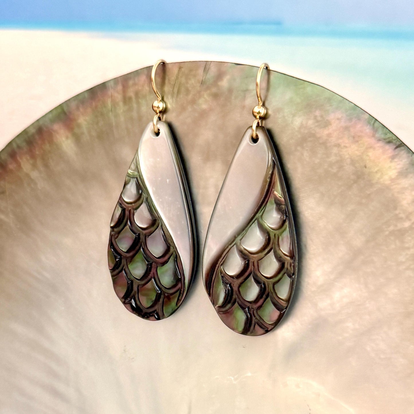 Hand Carved Mother of Pearl Tiare Earrings • Hawaiian Jewelry