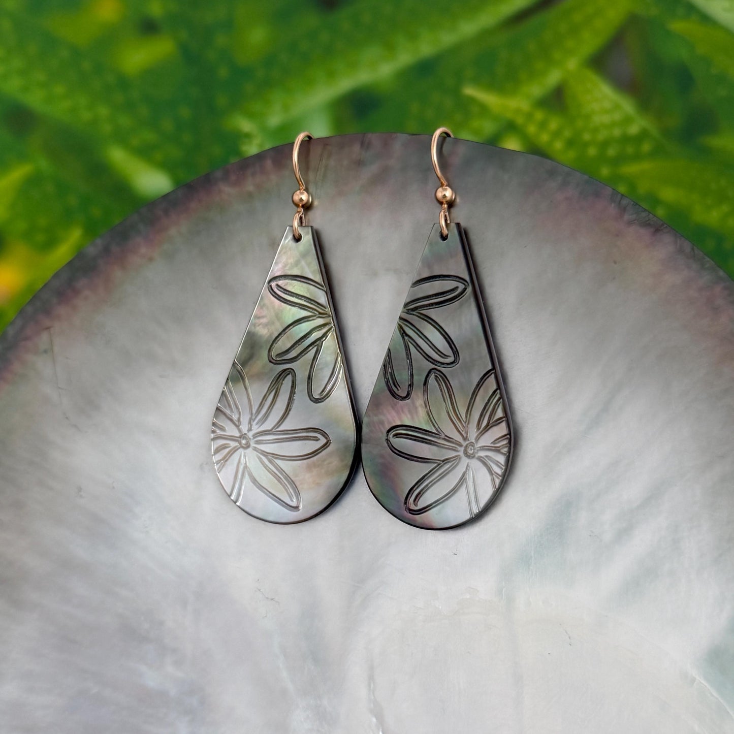 Hand Carved Mother of Pearl Tiare Earrings • Hawaiian Jewelry